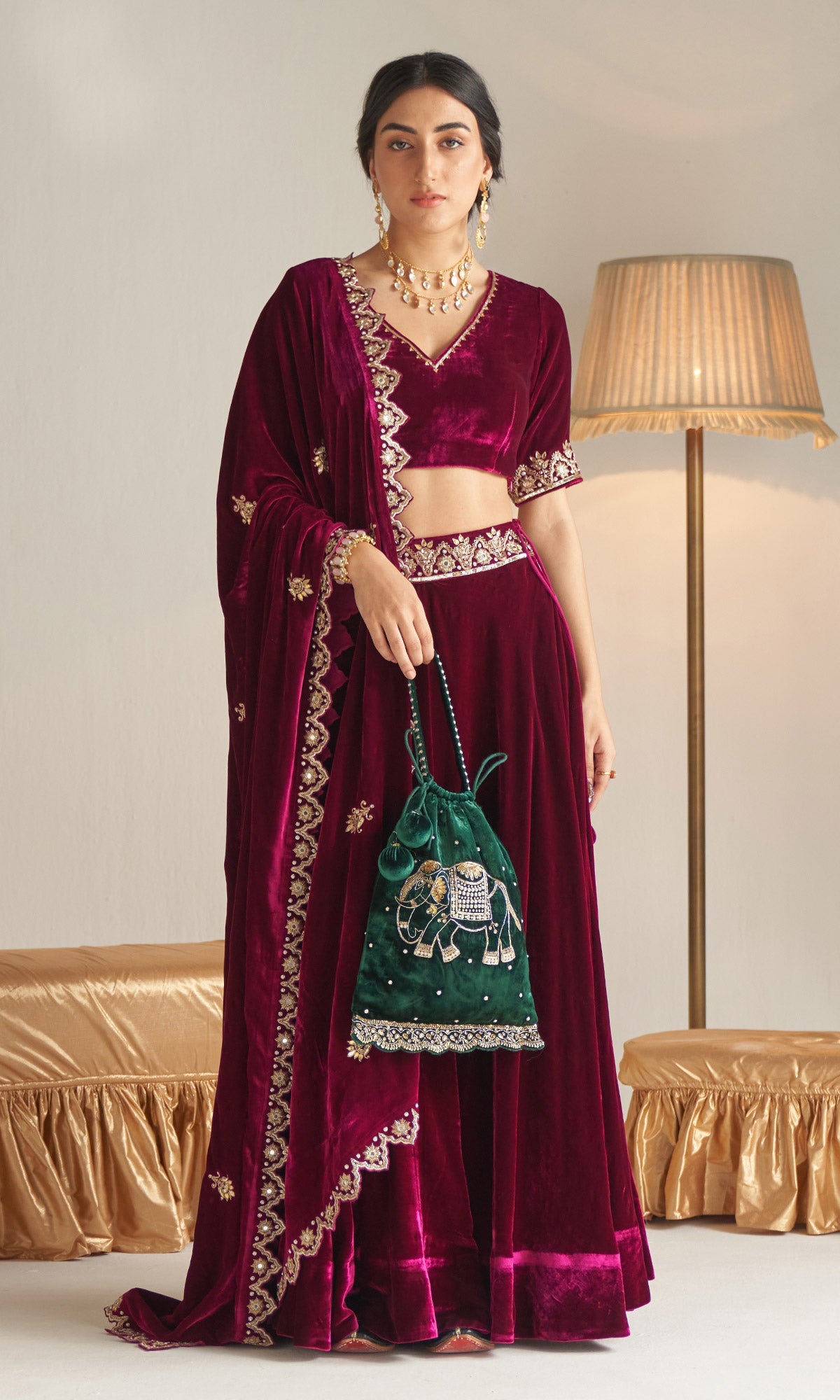 Khizaan Embroidered Orchid velvet Lehenga set with scalloped shawl set of 3