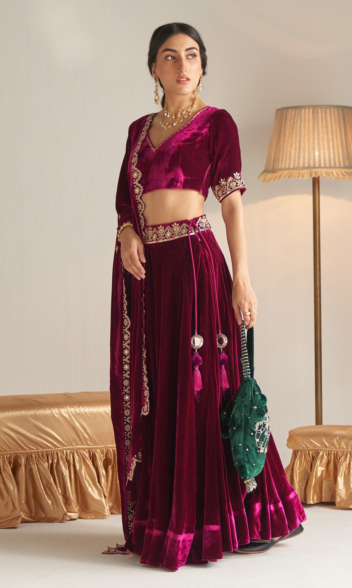 Khizaan Embroidered Orchid velvet Lehenga set with scalloped shawl set of 3