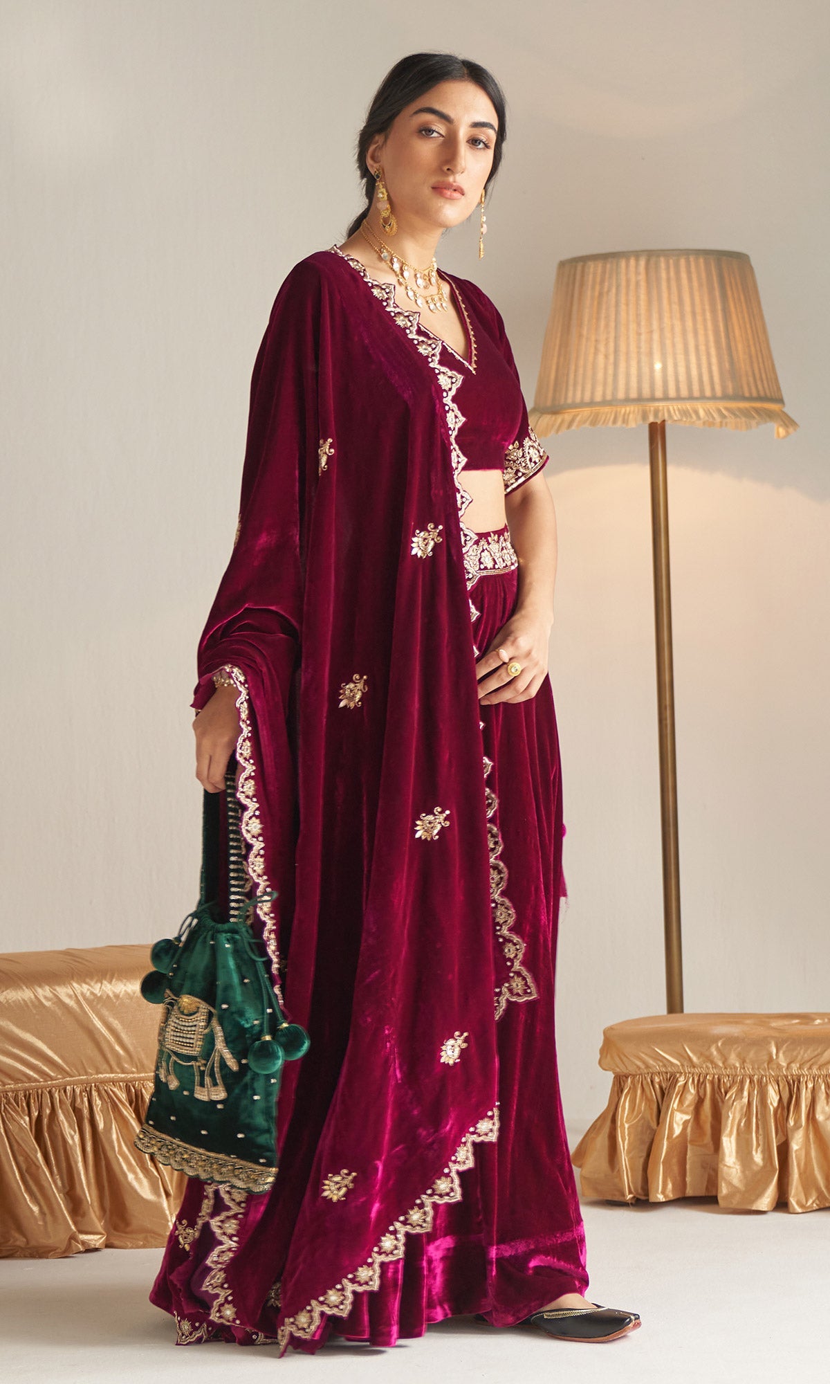 Khizaan Embroidered Orchid velvet Lehenga set with scalloped shawl set of 3