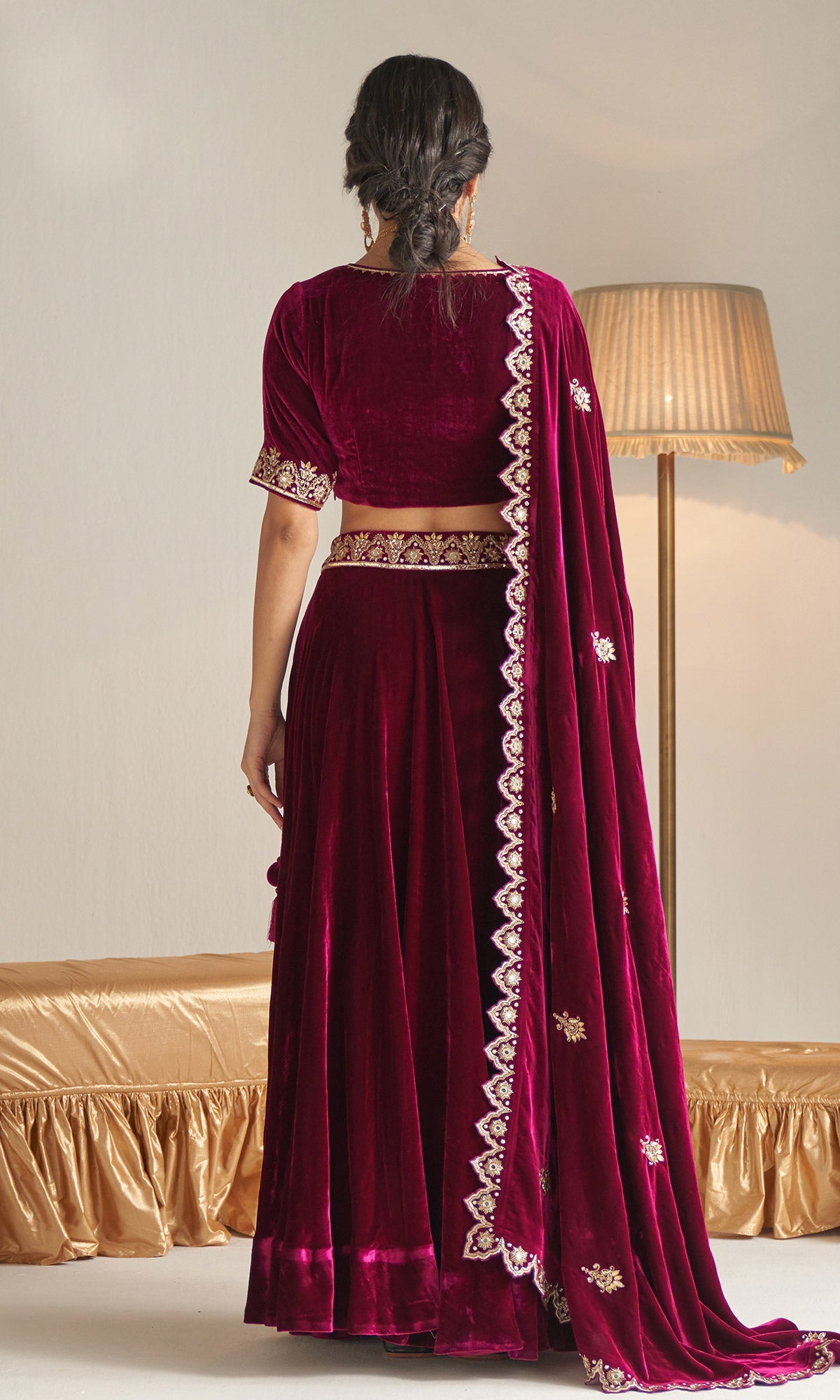 Khizaan Embroidered Orchid velvet Lehenga set with scalloped shawl set of 3
