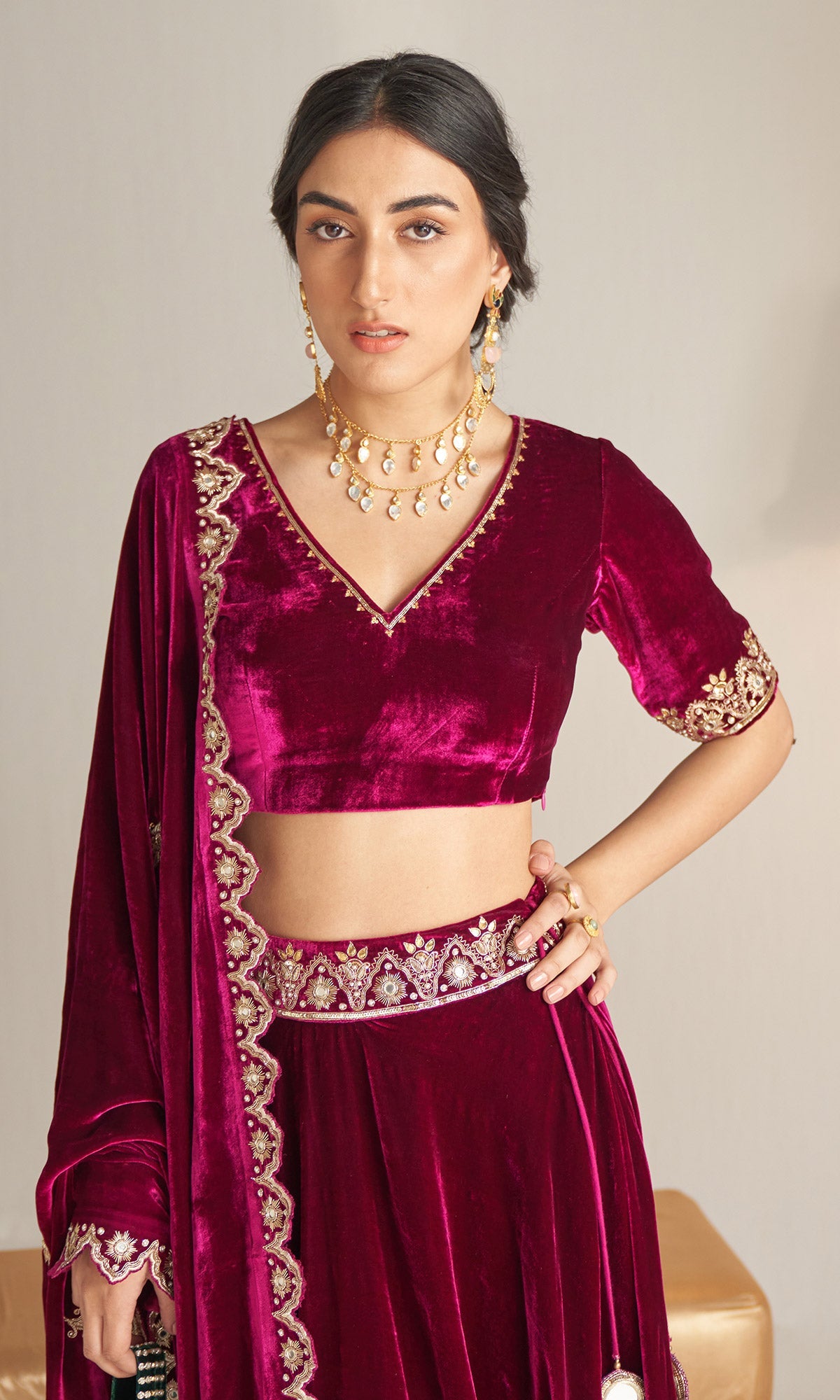 Khizaan Embroidered Orchid velvet Lehenga set with scalloped shawl set of 3