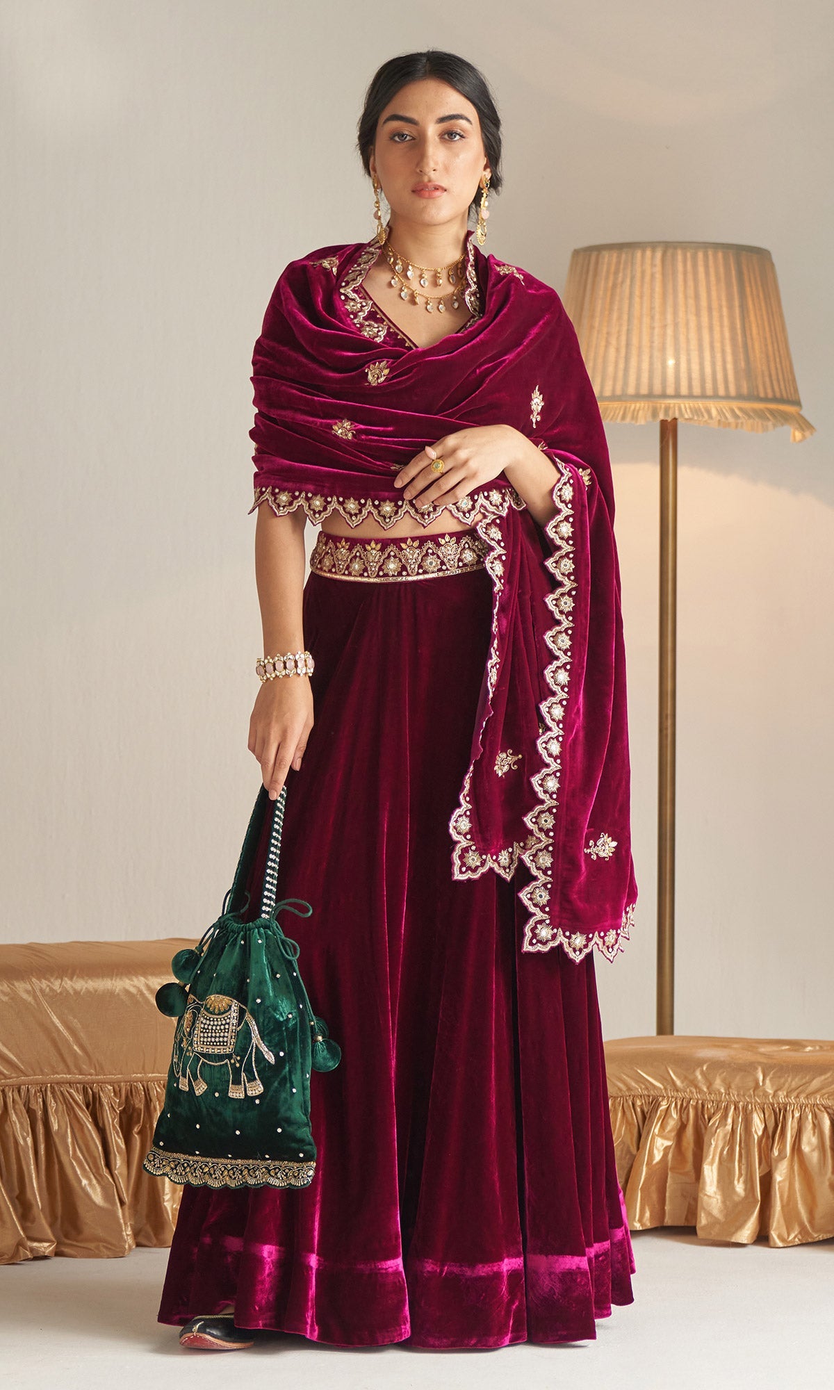 Khizaan Embroidered Orchid velvet Lehenga set with scalloped shawl set of 3