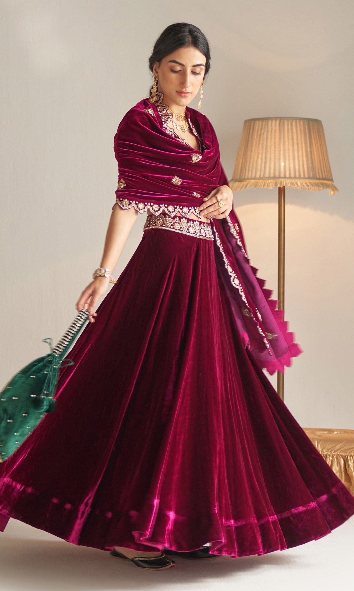 Khizaan Embroidered Orchid velvet Lehenga set with scalloped shawl set of 3