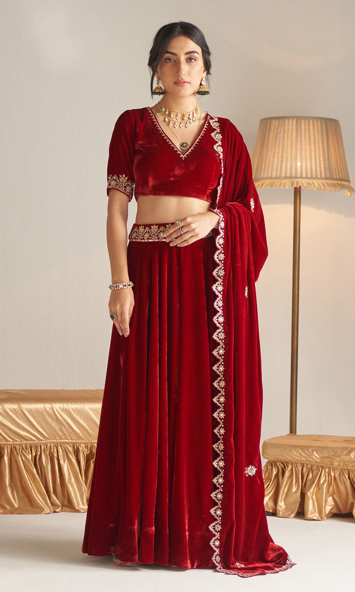 Khizaan Embroidered Red velvet Lehenga set with scalloped shawl Set of 3