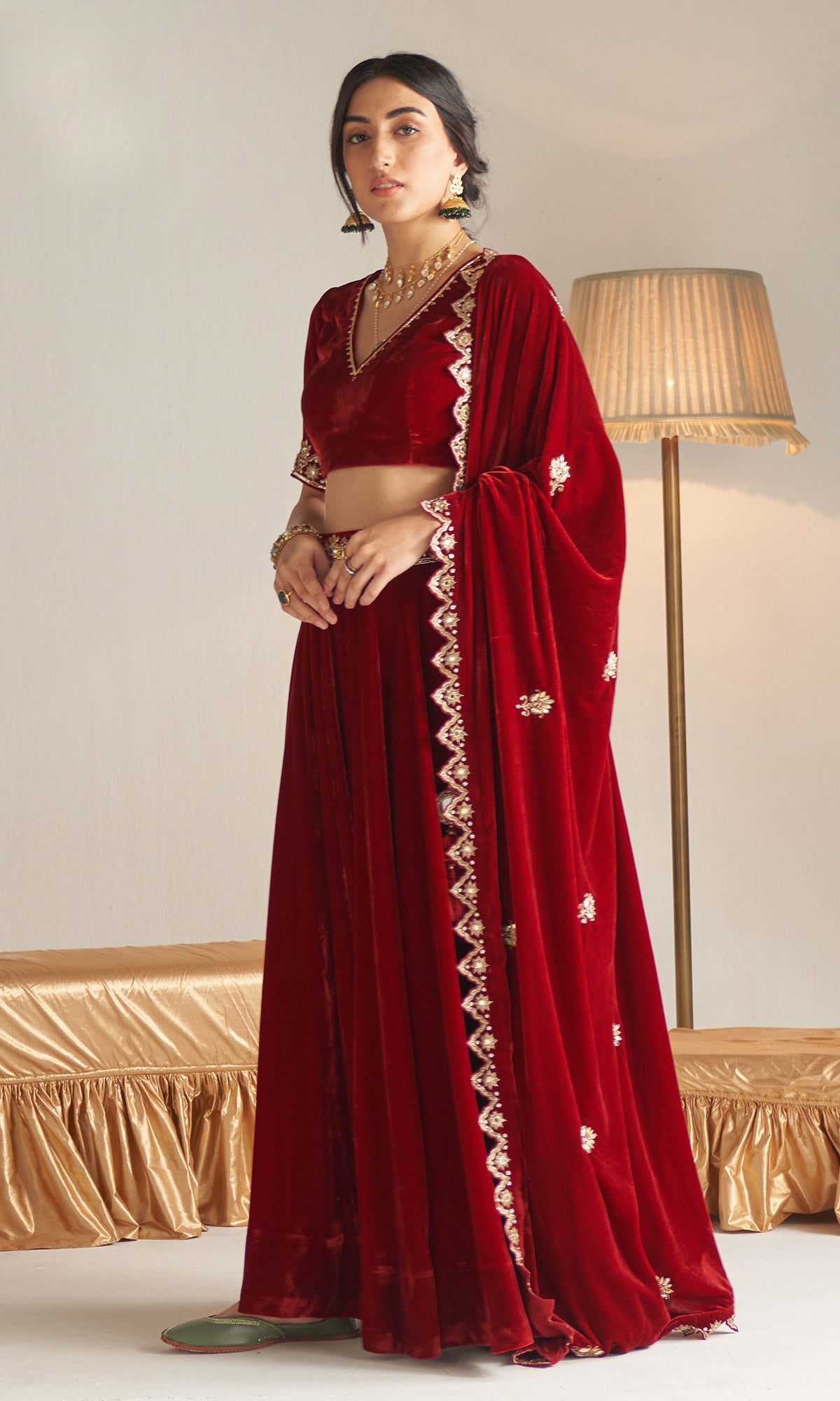 Khizaan Embroidered Red velvet Lehenga set with scalloped shawl Set of 3