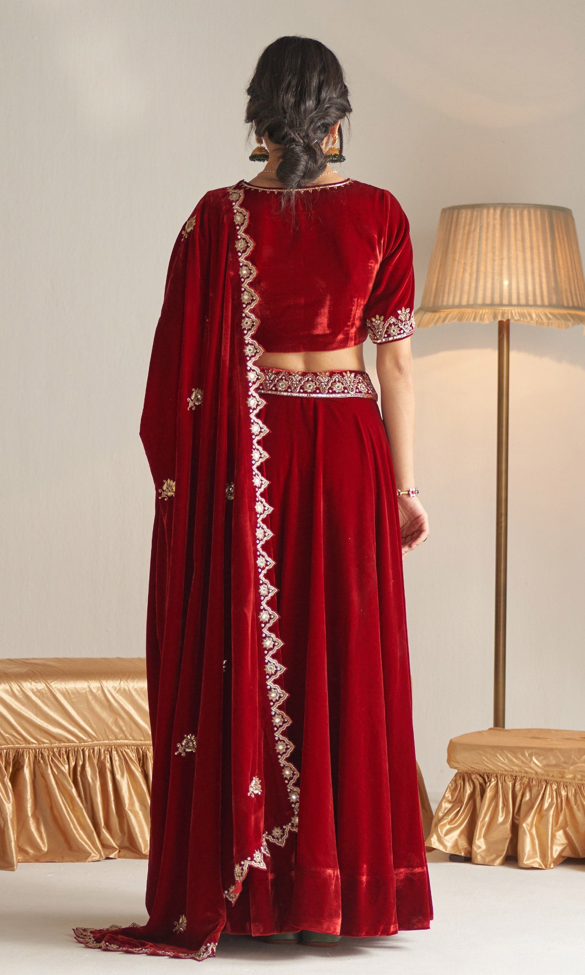 Khizaan Embroidered Red velvet Lehenga set with scalloped shawl Set of 3
