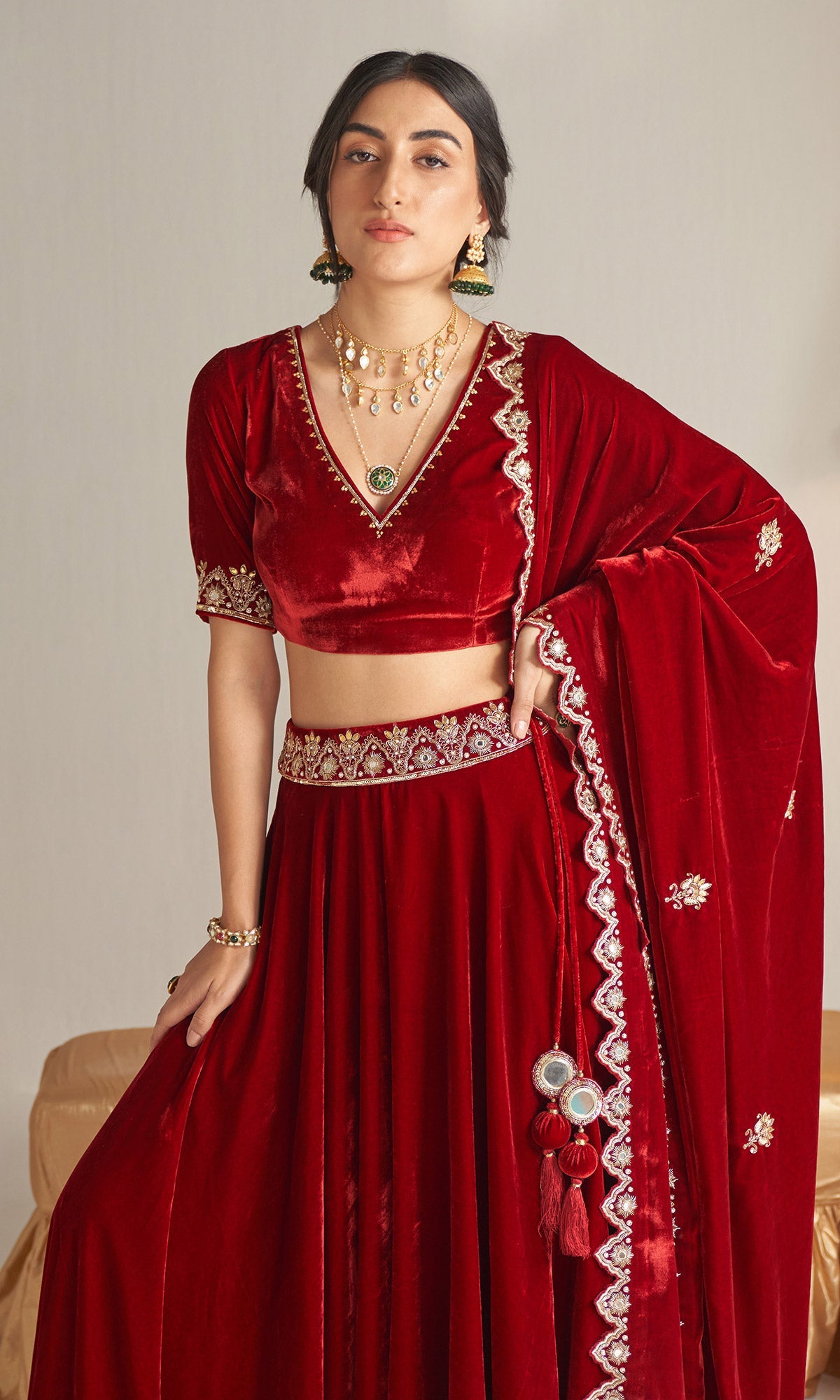 Khizaan Embroidered Red velvet Lehenga set with scalloped shawl Set of 3