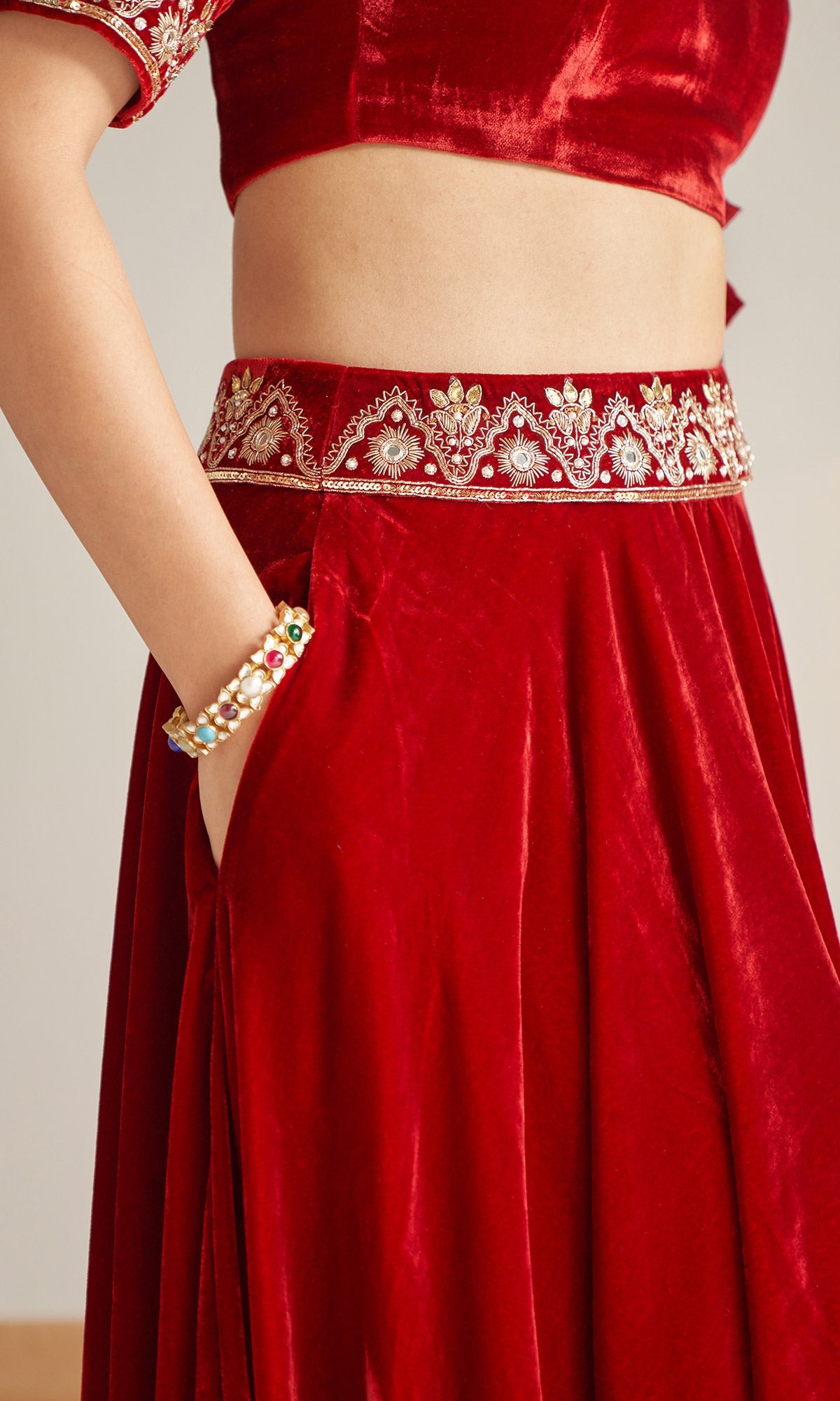 Khizaan Embroidered Red velvet Lehenga set with scalloped shawl Set of 3