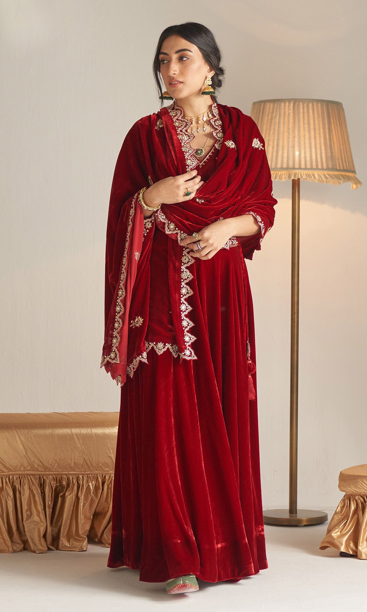 Khizaan Embroidered Red velvet Lehenga set with scalloped shawl Set of 3