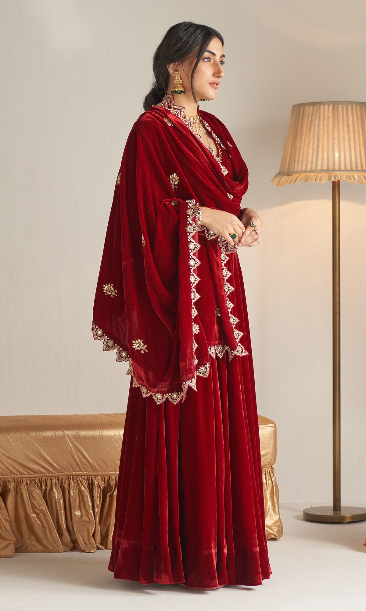 Khizaan Embroidered Red velvet Lehenga set with scalloped shawl Set of 3