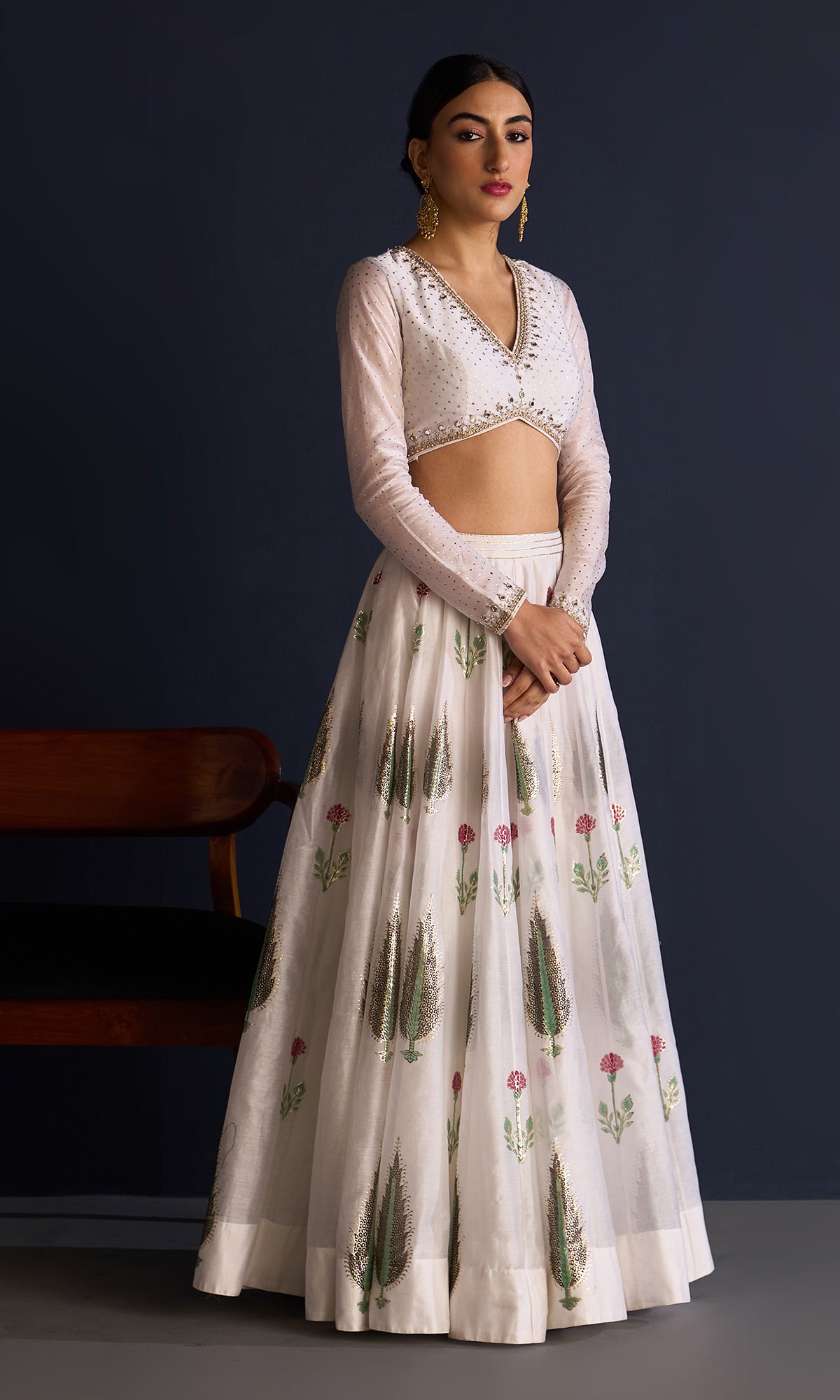 Rasiya White Block Print Lehenga With Blouse And Dupatta (Set Of 3)