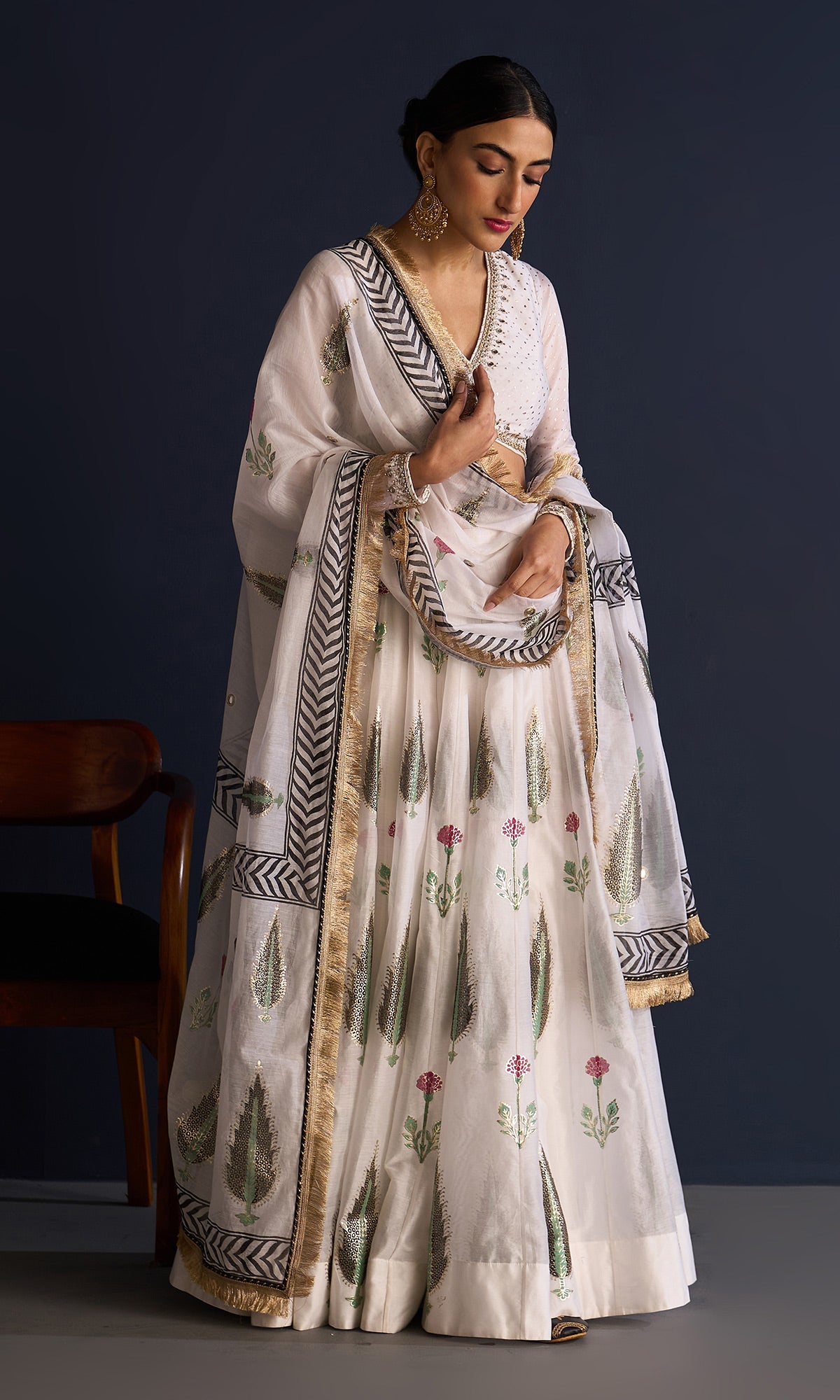 Rasiya White Block Print Lehenga With Blouse And Dupatta (Set Of 3)