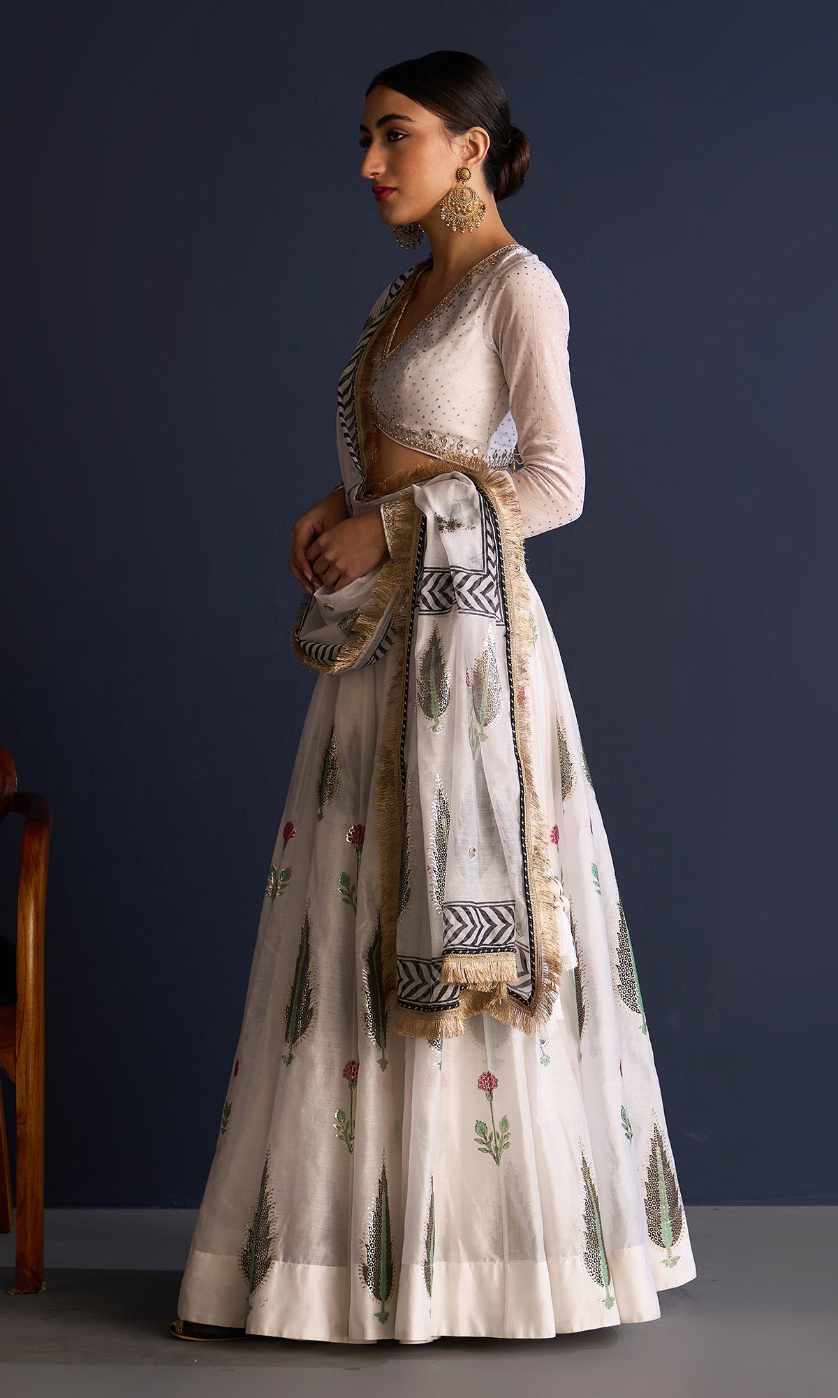 Rasiya White Block Print Lehenga With Blouse And Dupatta (Set Of 3)