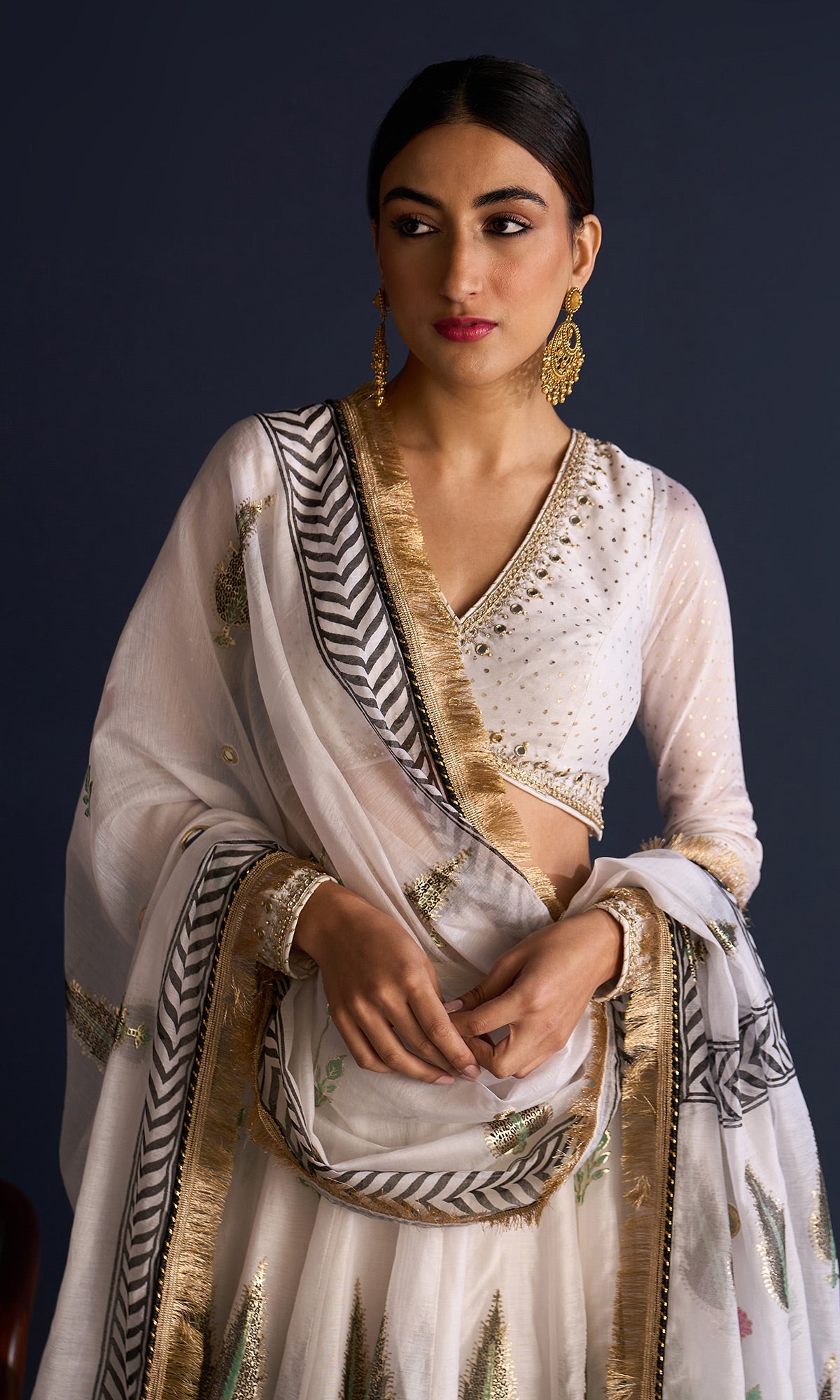 Rasiya White Block Print Lehenga With Blouse And Dupatta (Set Of 3)