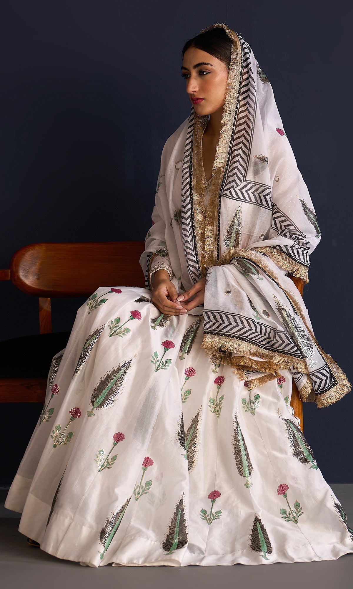 Rasiya White Block Print Lehenga With Blouse And Dupatta (Set Of 3)
