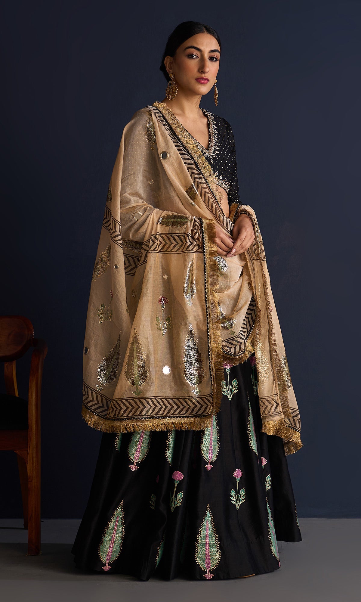 Rasiya Block Print Black Lehenga With Blouse And Tissue Dupatta (Set Of 3)