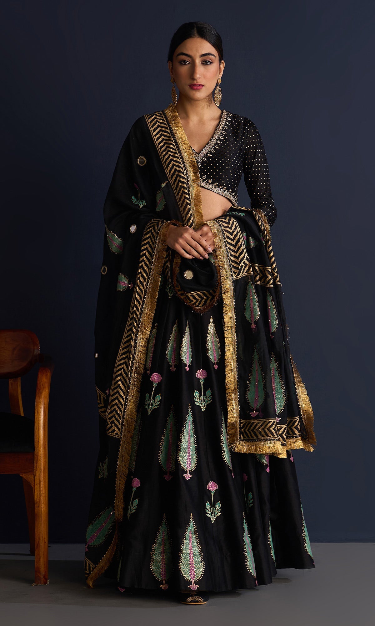 Rasiya Black Block Print Lehenga With Blouse And Dupatta (Set Of 3)