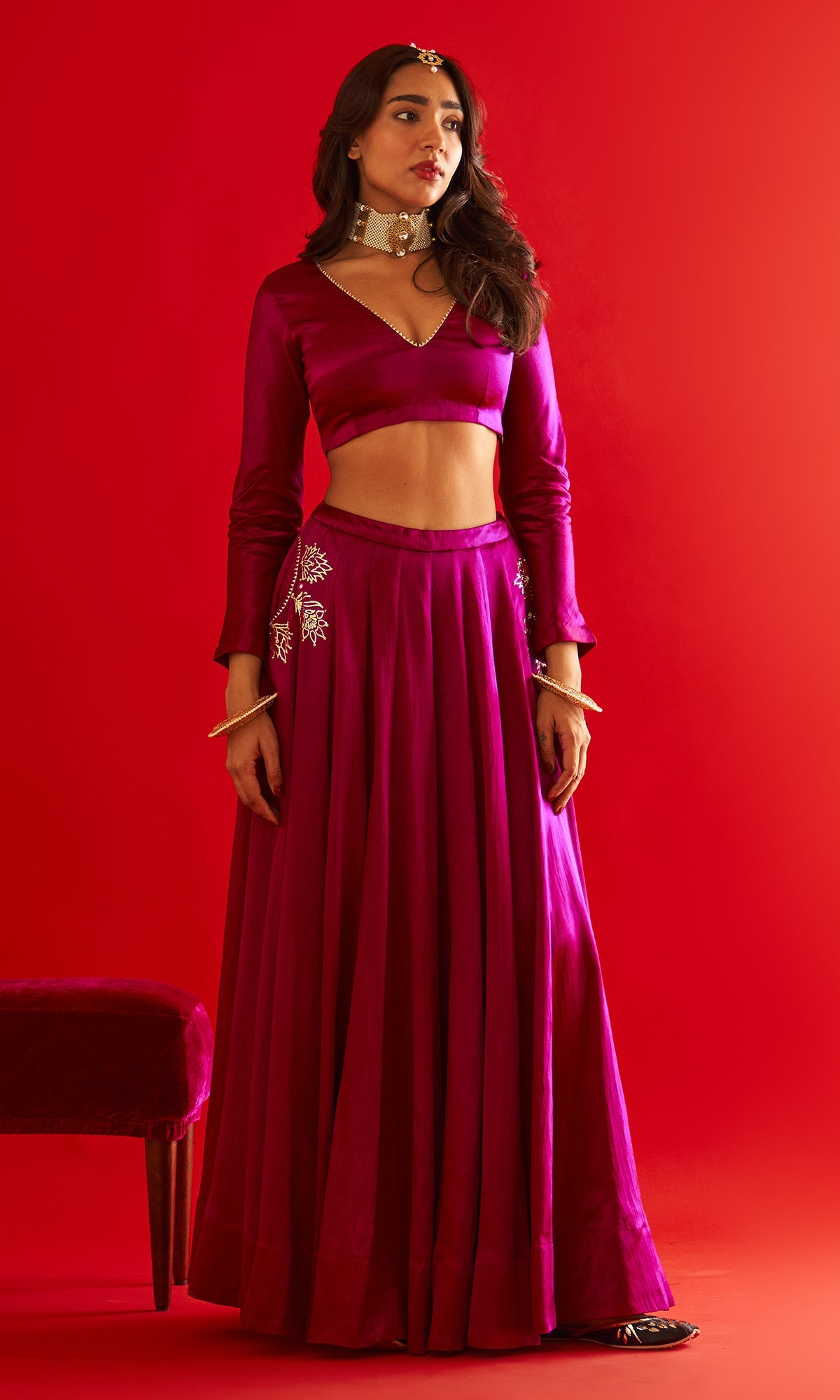 Sufiya Foil Deep Orchid Pocket Lehenga With Blouse And Shawl (Set Of 3)