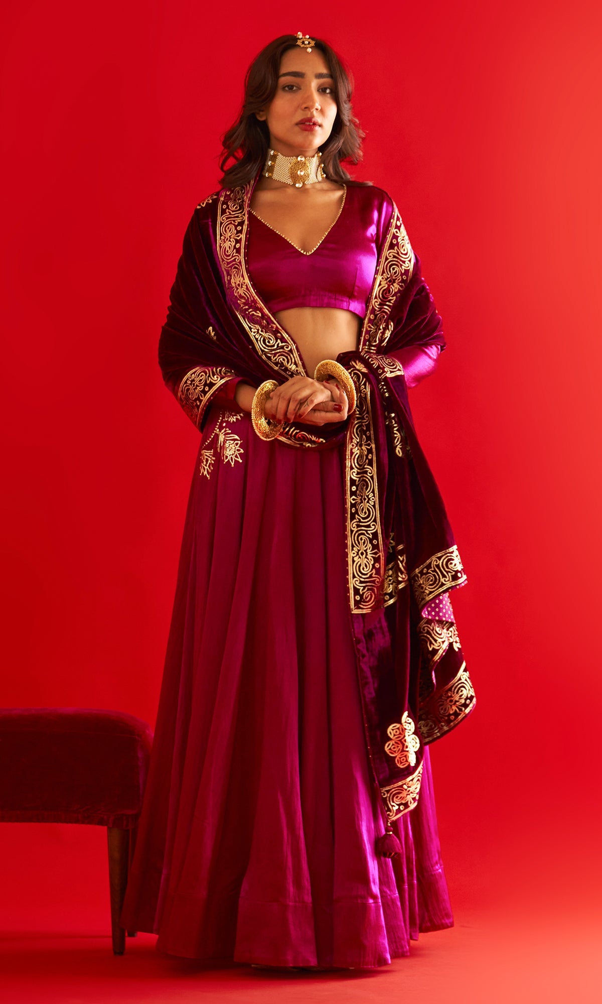Sufiya Foil Deep Orchid Pocket Lehenga With Blouse And Shawl (Set Of 3)