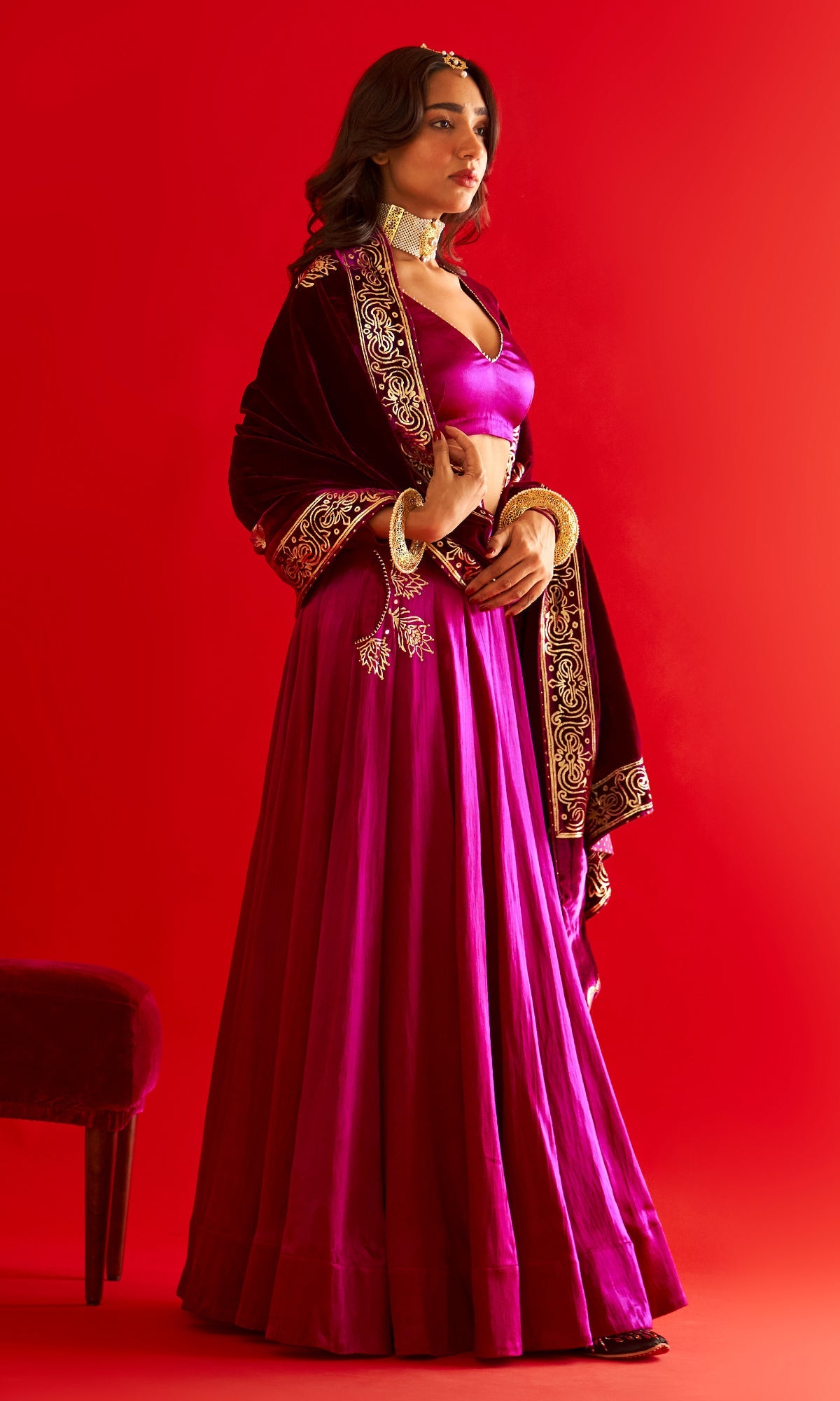 Sufiya Foil Deep Orchid Pocket Lehenga With Blouse And Shawl (Set Of 3)
