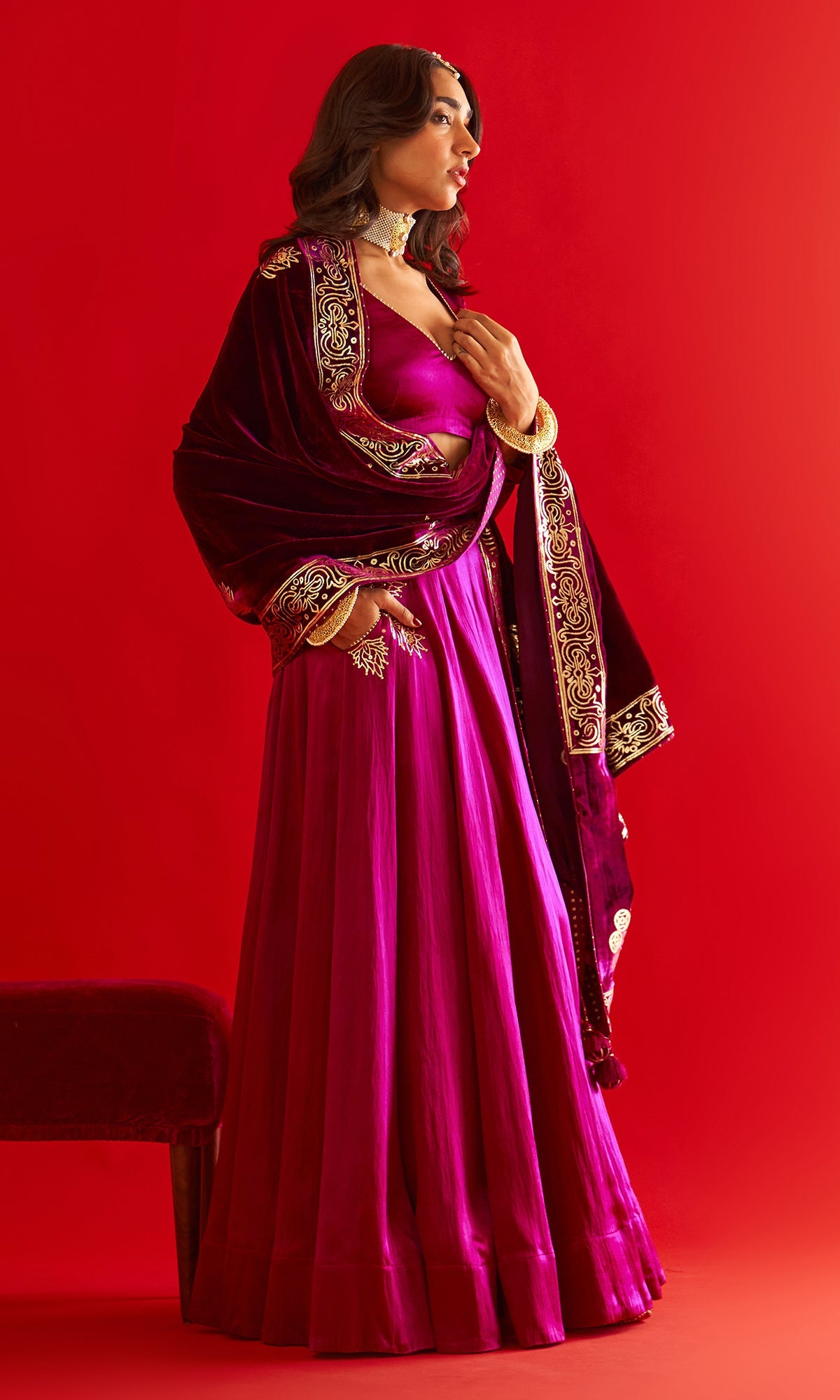 Sufiya Foil Deep Orchid Pocket Lehenga With Blouse And Shawl (Set Of 3)