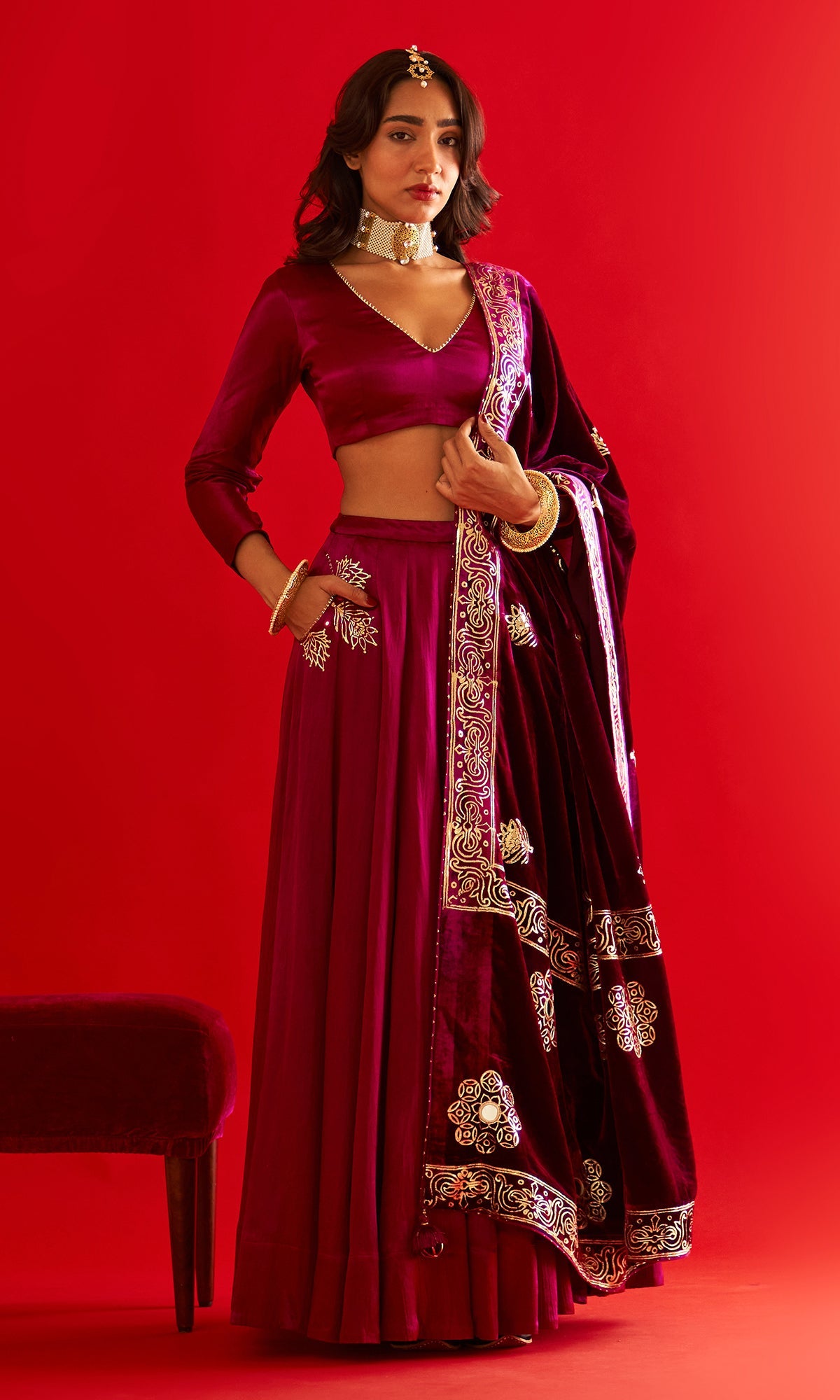 Sufiya Foil Deep Orchid Pocket Lehenga With Blouse And Shawl (Set Of 3)