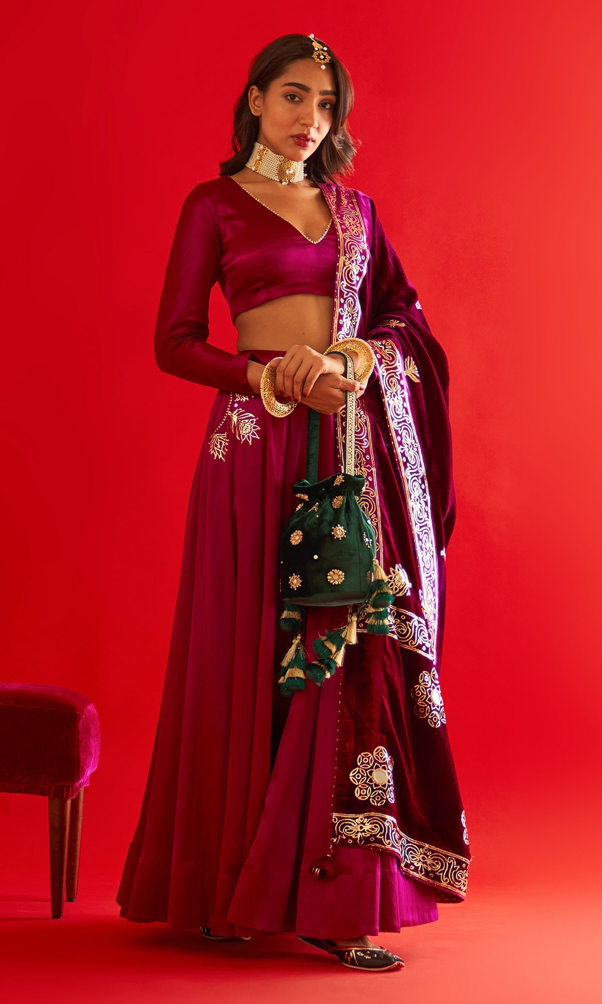 Sufiya Foil Deep Orchid Pocket Lehenga With Blouse And Shawl (Set Of 3)