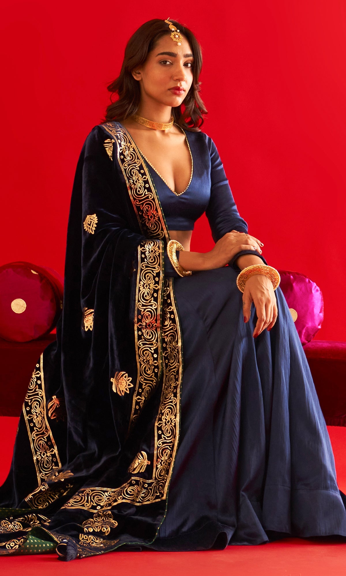 Sufiya Foil Blue Pocket Lehenga With Blouse And Shawl (Set Of 3)