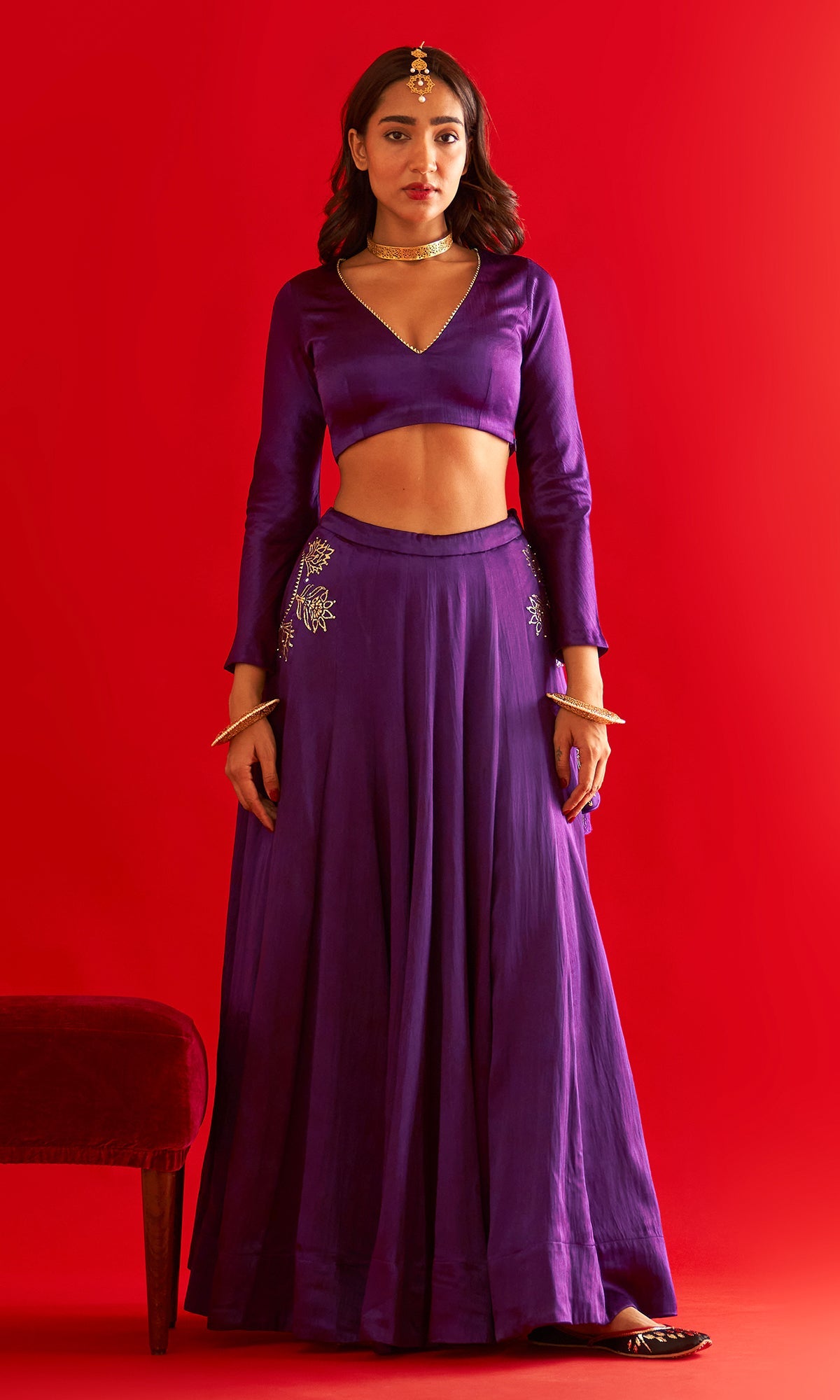 Sufiya Foil Purple Pocket Lehenga With Blouse And Shawl (Set Of 3)