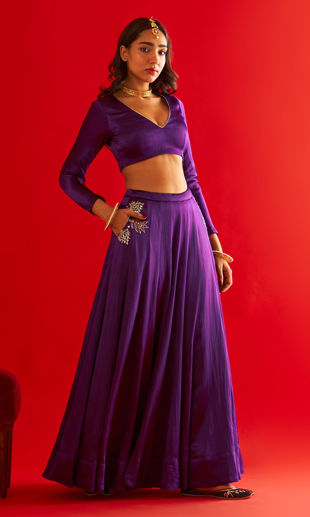 Sufiya Foil Purple Pocket Lehenga With Blouse And Shawl (Set Of 3)