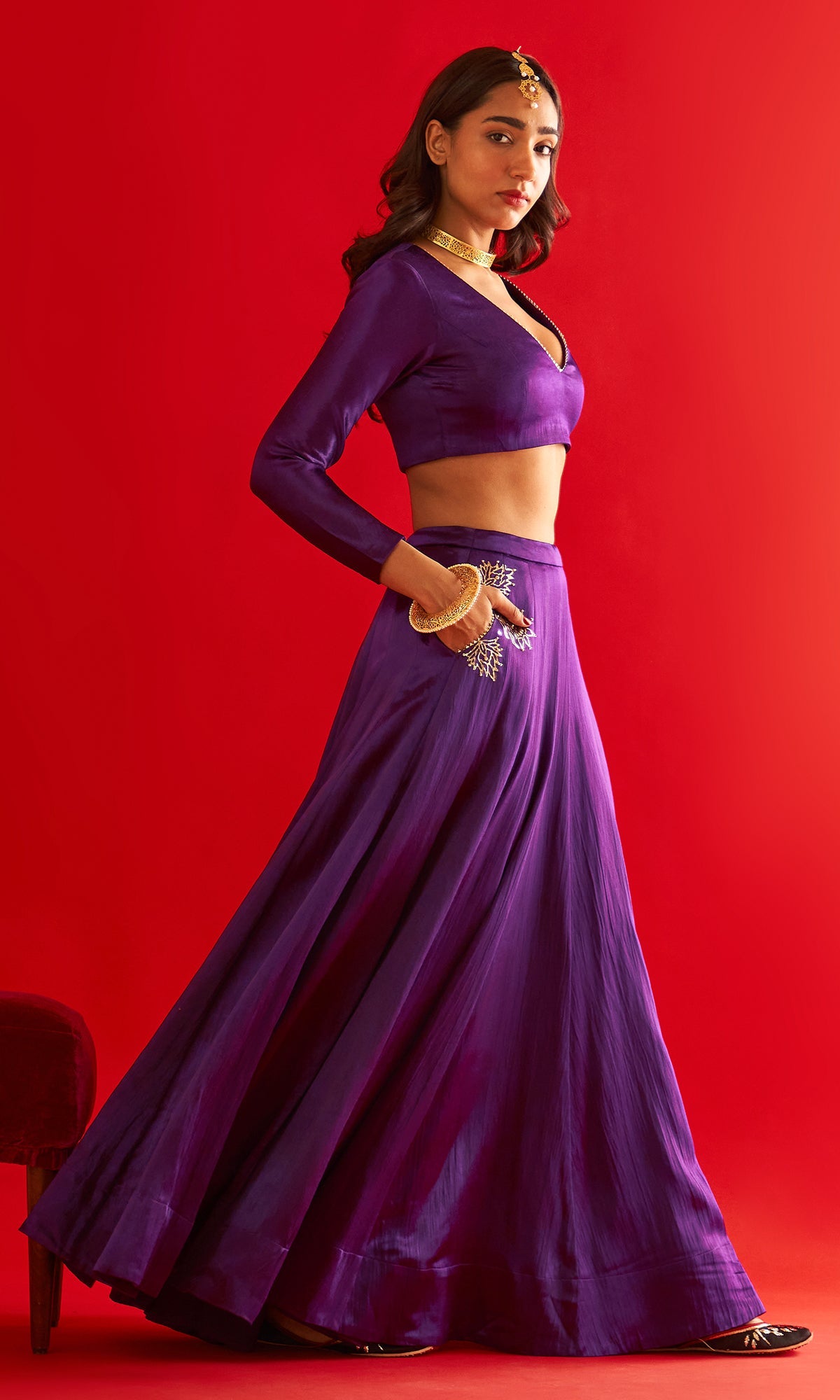 Sufiya Foil Purple Pocket Lehenga With Blouse And Shawl (Set Of 3)