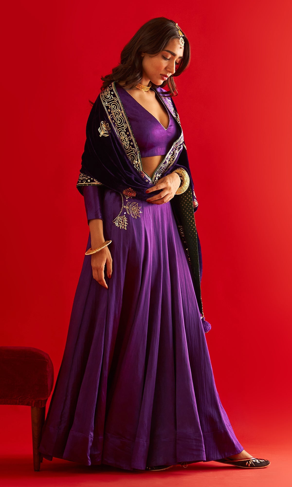 Sufiya Foil Purple Pocket Lehenga With Blouse And Shawl (Set Of 3)