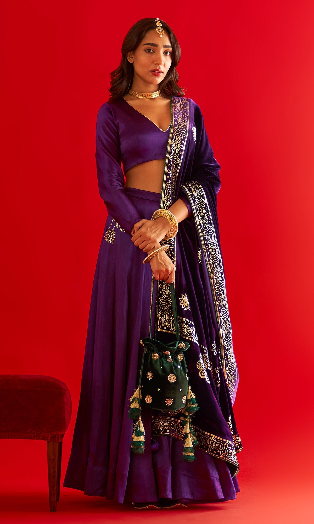 Sufiya Foil Purple Pocket Lehenga With Blouse And Shawl (Set Of 3)