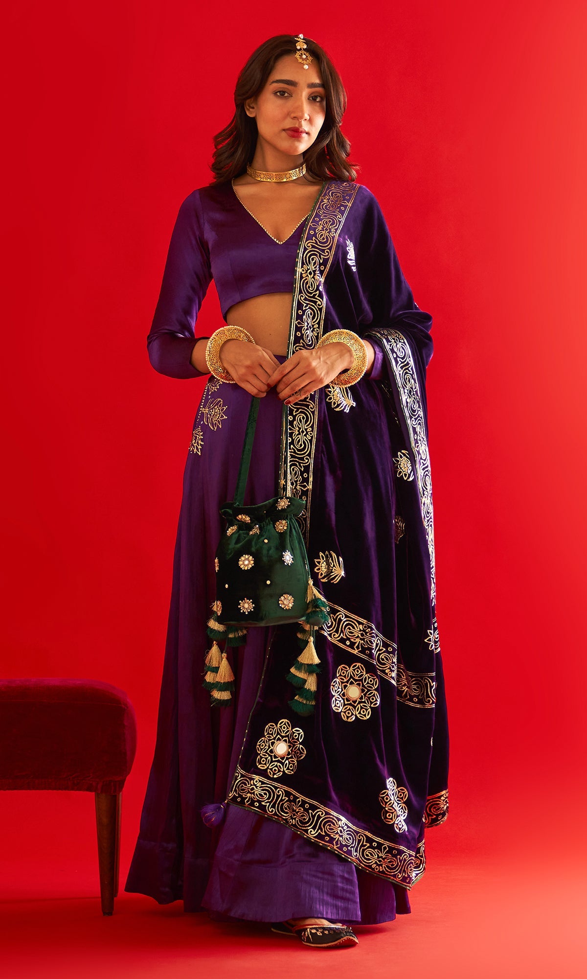 Sufiya Foil Purple Pocket Lehenga With Blouse And Shawl (Set Of 3)