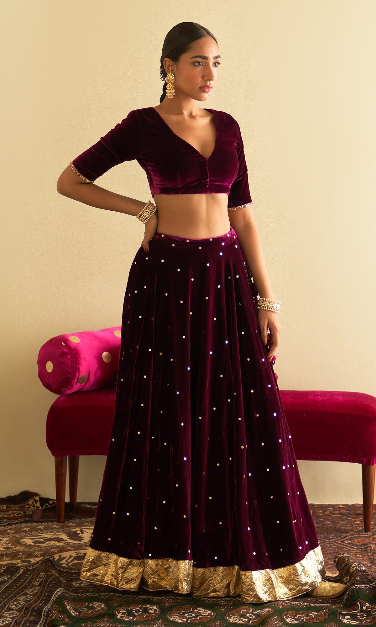 Sufiya Velvet Deep Orchid Embroidered Mukaish lehenga with velvet blouse and shawl (set of 3)