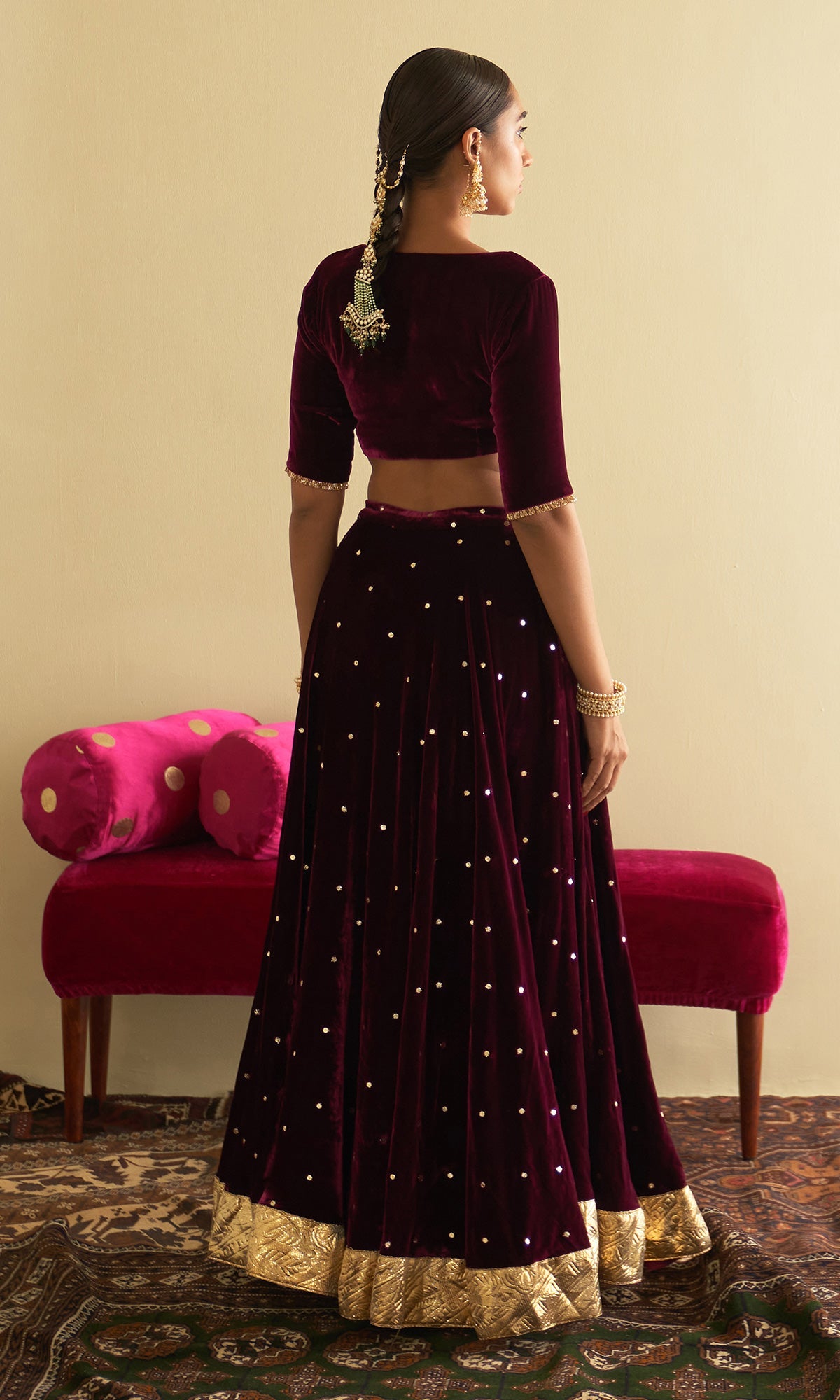 Sufiya Velvet Deep Orchid Embroidered Mukaish lehenga with velvet blouse and shawl (set of 3)