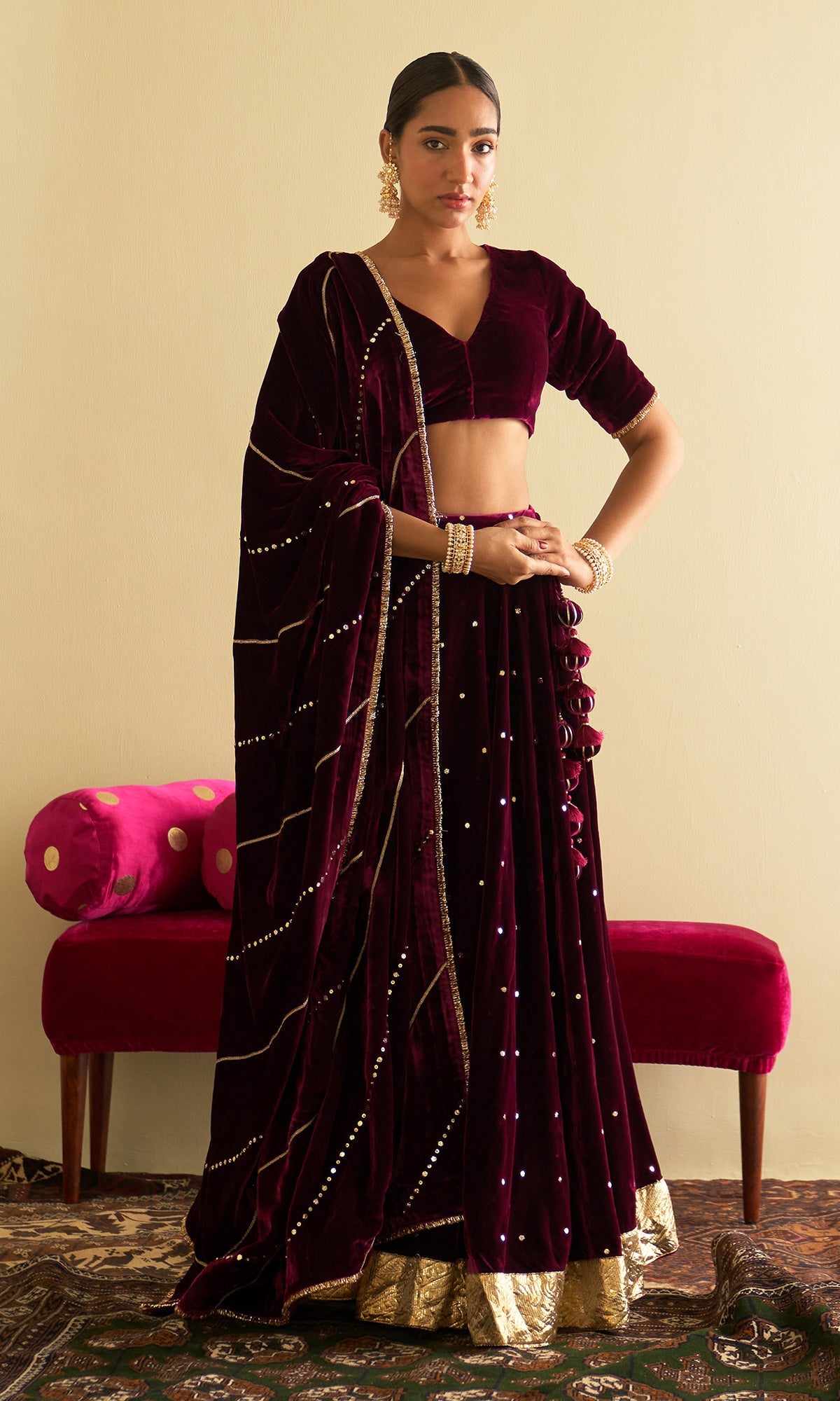 Sufiya Velvet Deep Orchid Embroidered Mukaish lehenga with velvet blouse and shawl (set of 3)