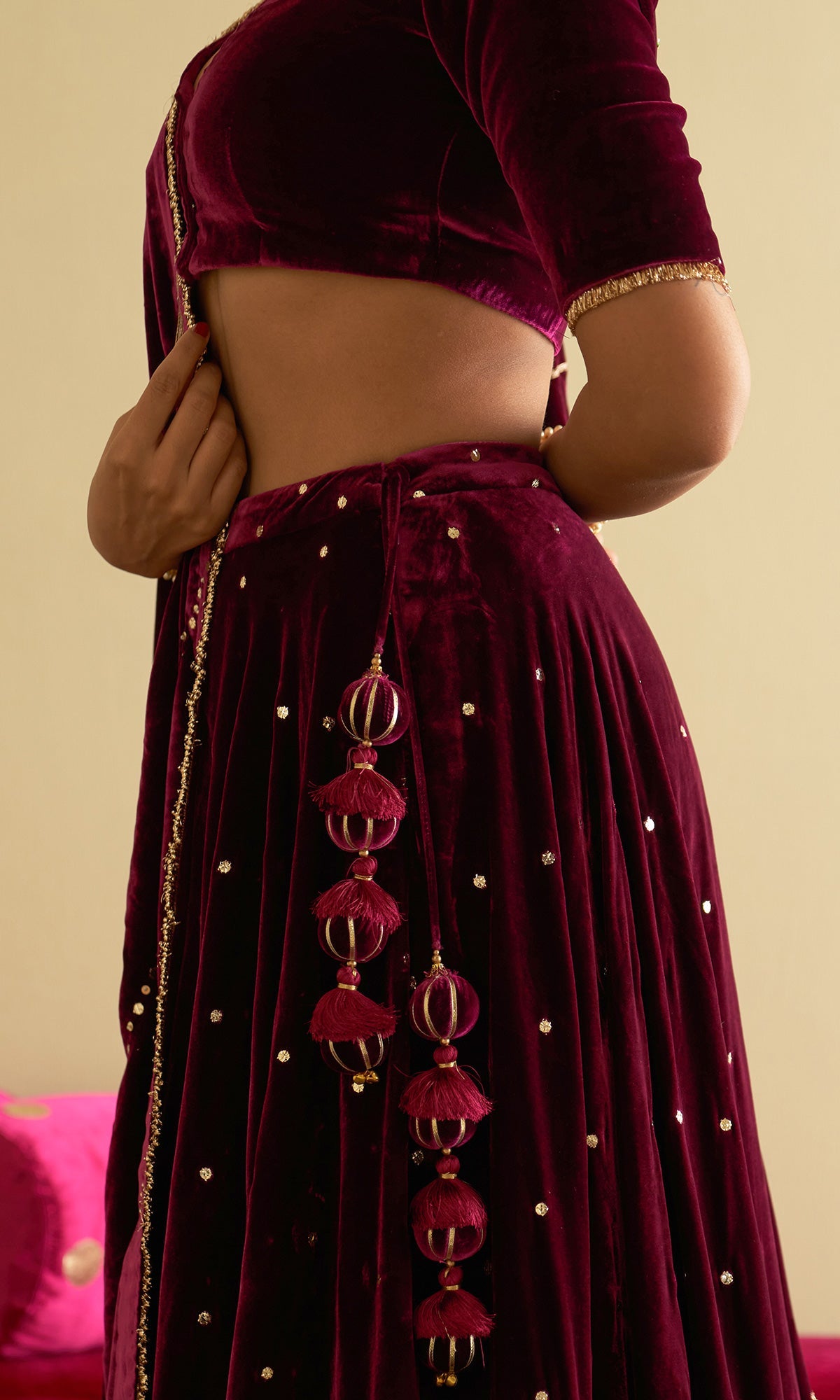 Sufiya Velvet Deep Orchid Embroidered Mukaish lehenga with velvet blouse and shawl (set of 3)