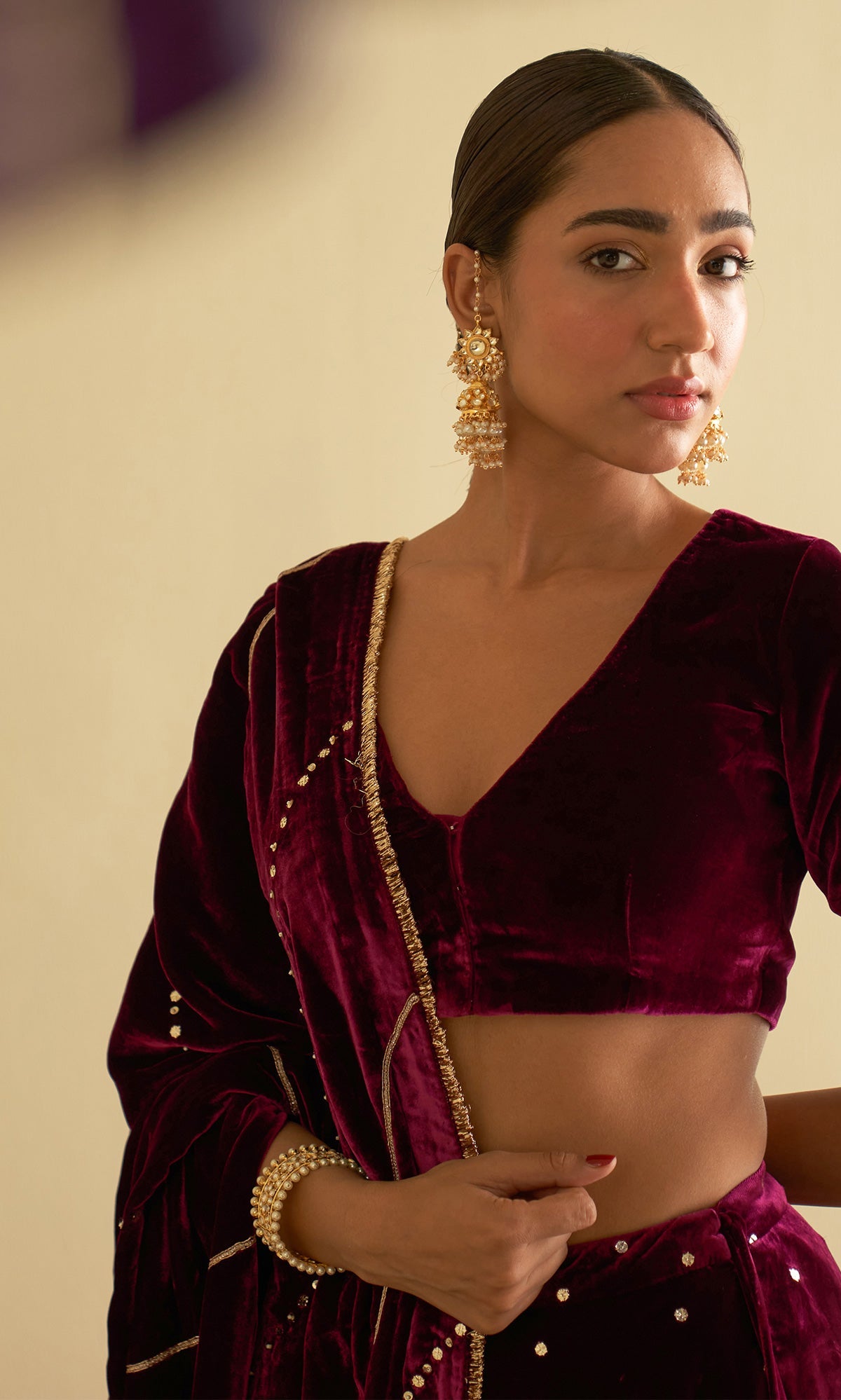 Sufiya Velvet Deep Orchid Embroidered Mukaish lehenga with velvet blouse and shawl (set of 3)