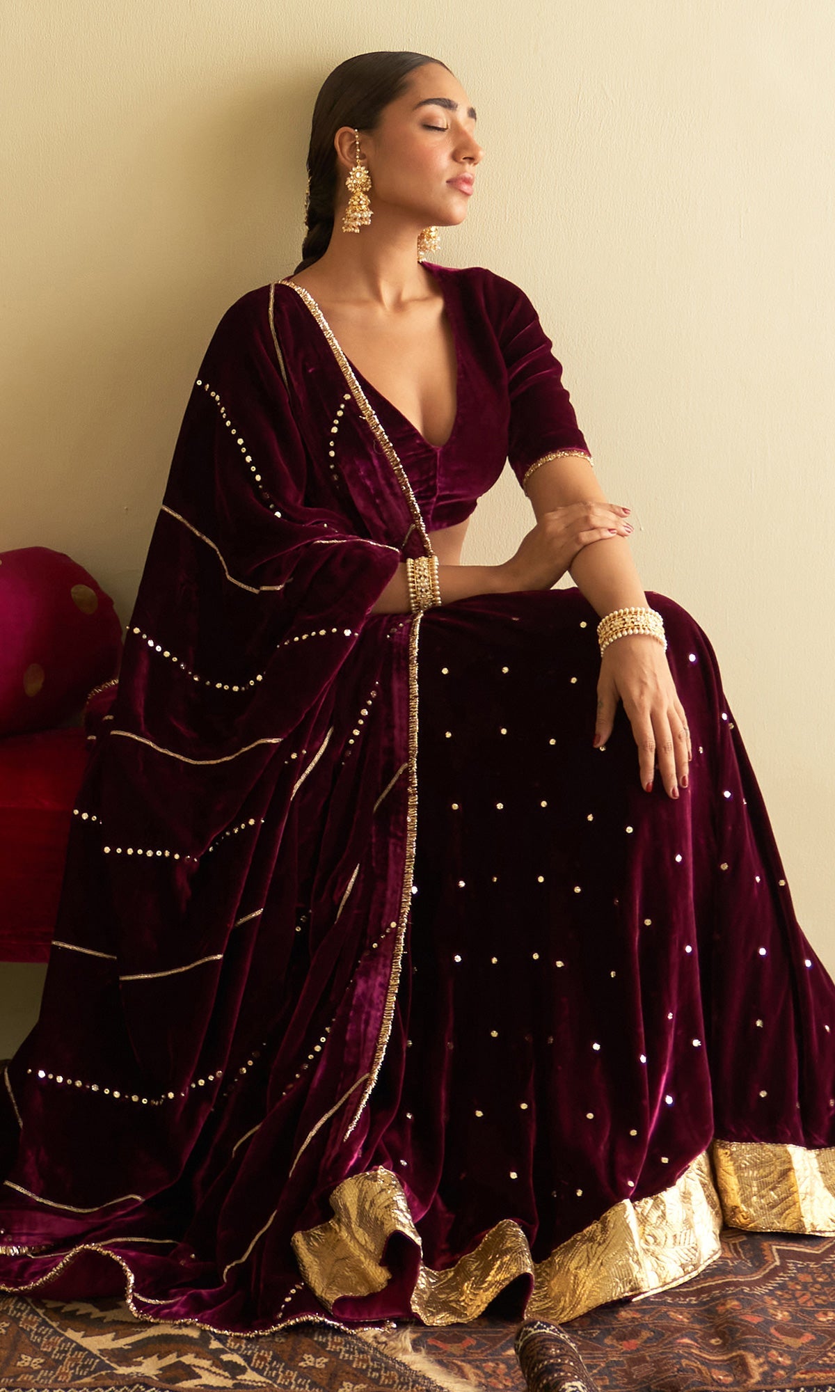 Sufiya Velvet Deep Orchid Embroidered Mukaish lehenga with velvet blouse and shawl (set of 3)