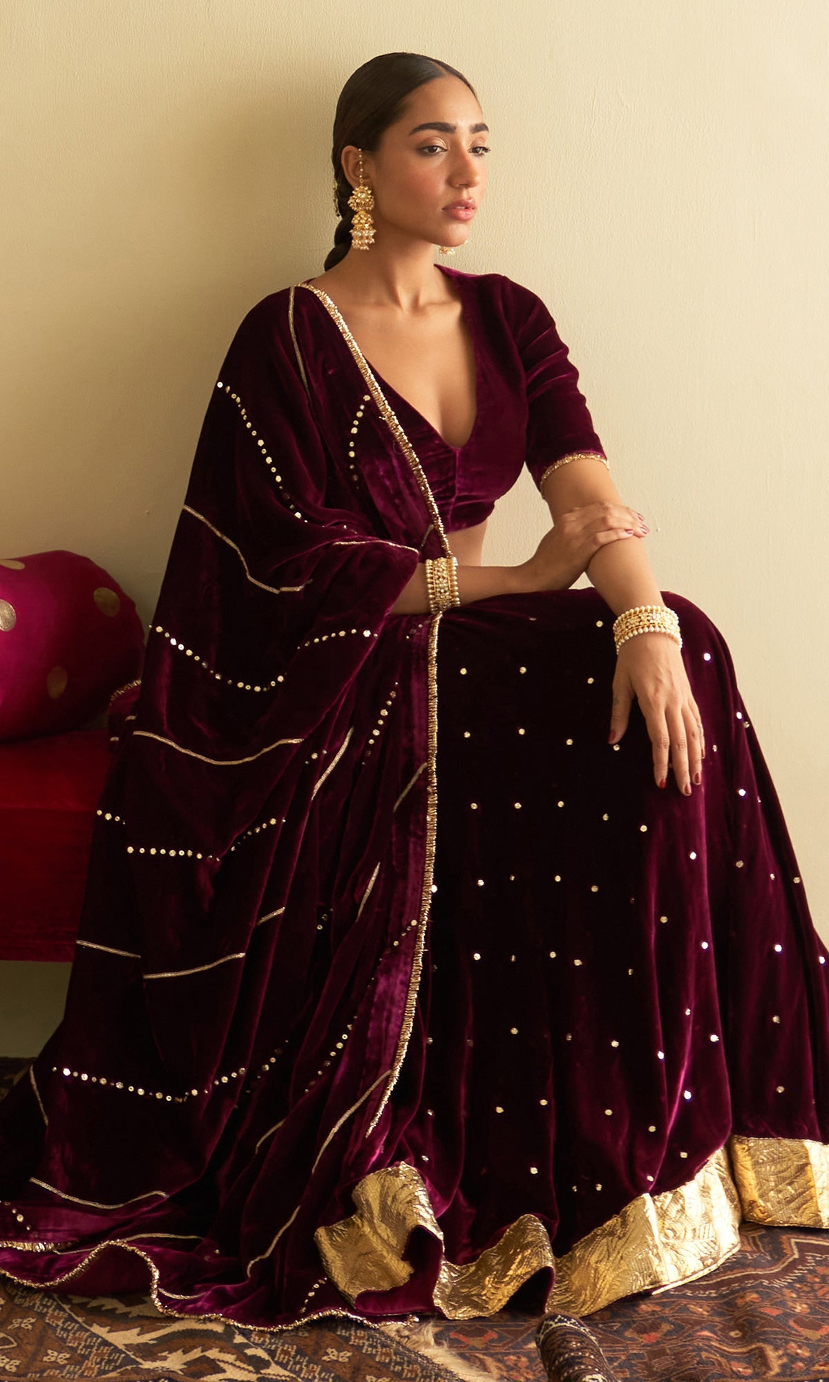 Sufiya Velvet Deep Orchid Embroidered Mukaish lehenga with velvet blouse and shawl (set of 3)
