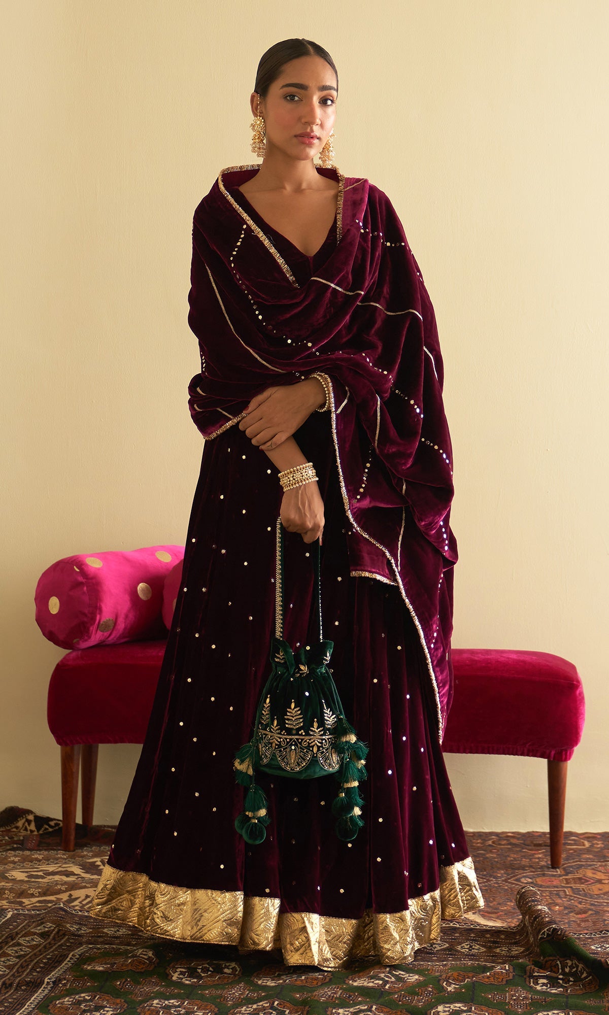 Sufiya Velvet Deep Orchid Embroidered Mukaish lehenga with velvet blouse and shawl (set of 3)