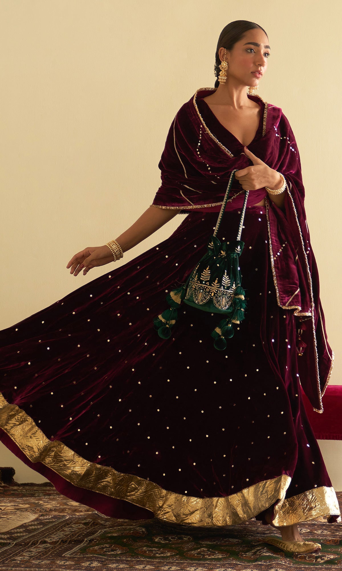 Sufiya Velvet Deep Orchid Embroidered Mukaish lehenga with velvet blouse and shawl (set of 3)