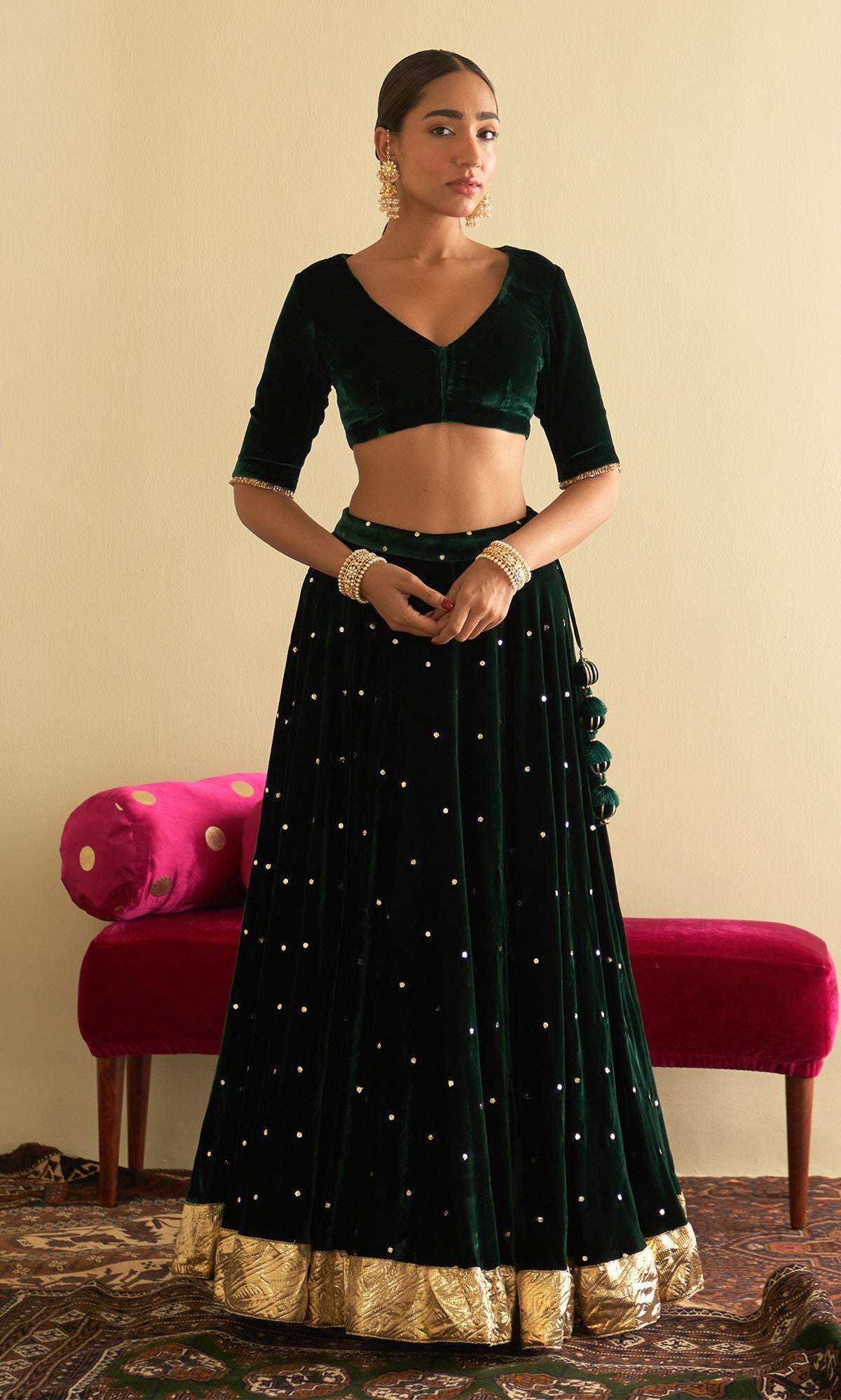 Sufiya Velvet Green Embroidered Mukaish lehenga with velvet blouse and shawl (set of 3)