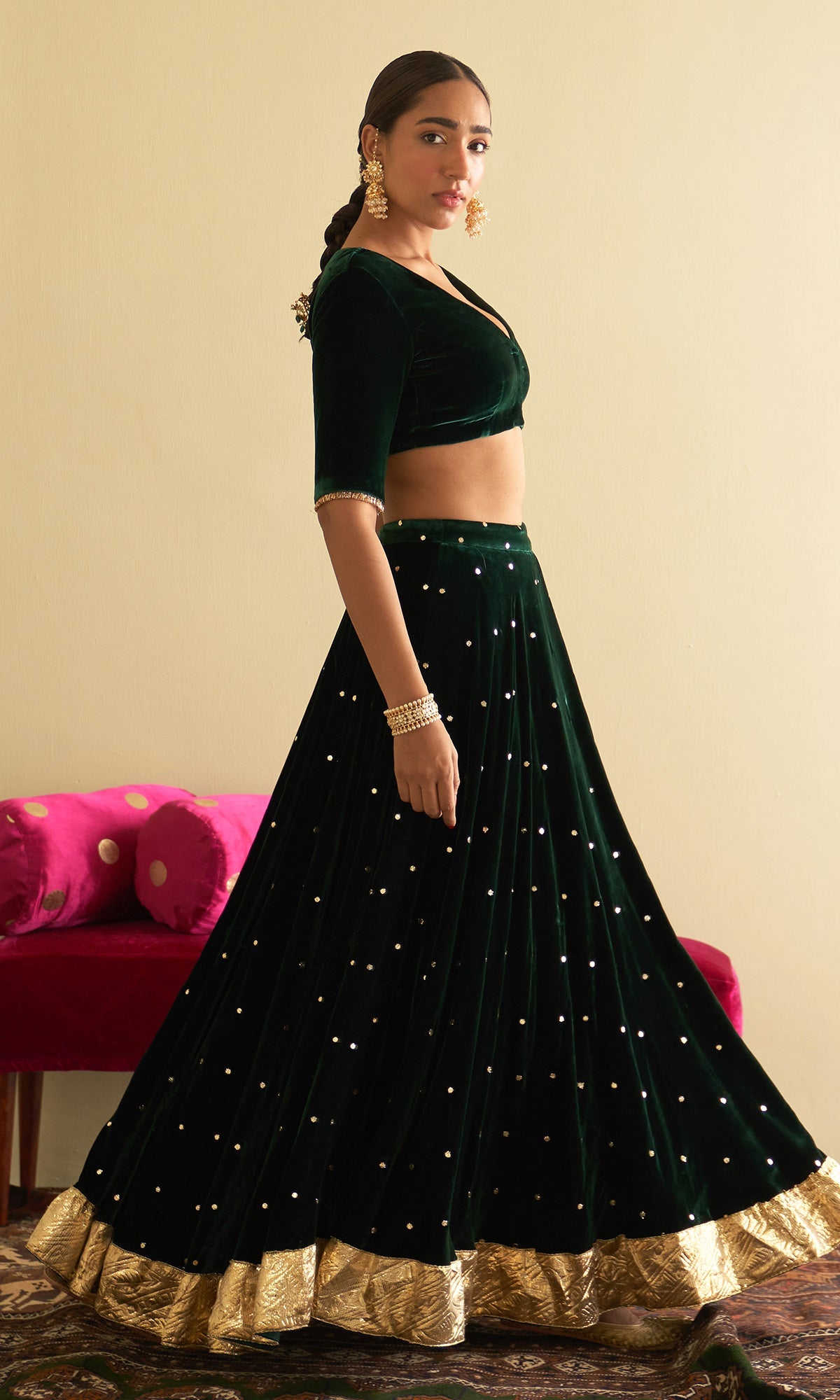 Sufiya Velvet Green Embroidered Mukaish lehenga with velvet blouse and shawl (set of 3)