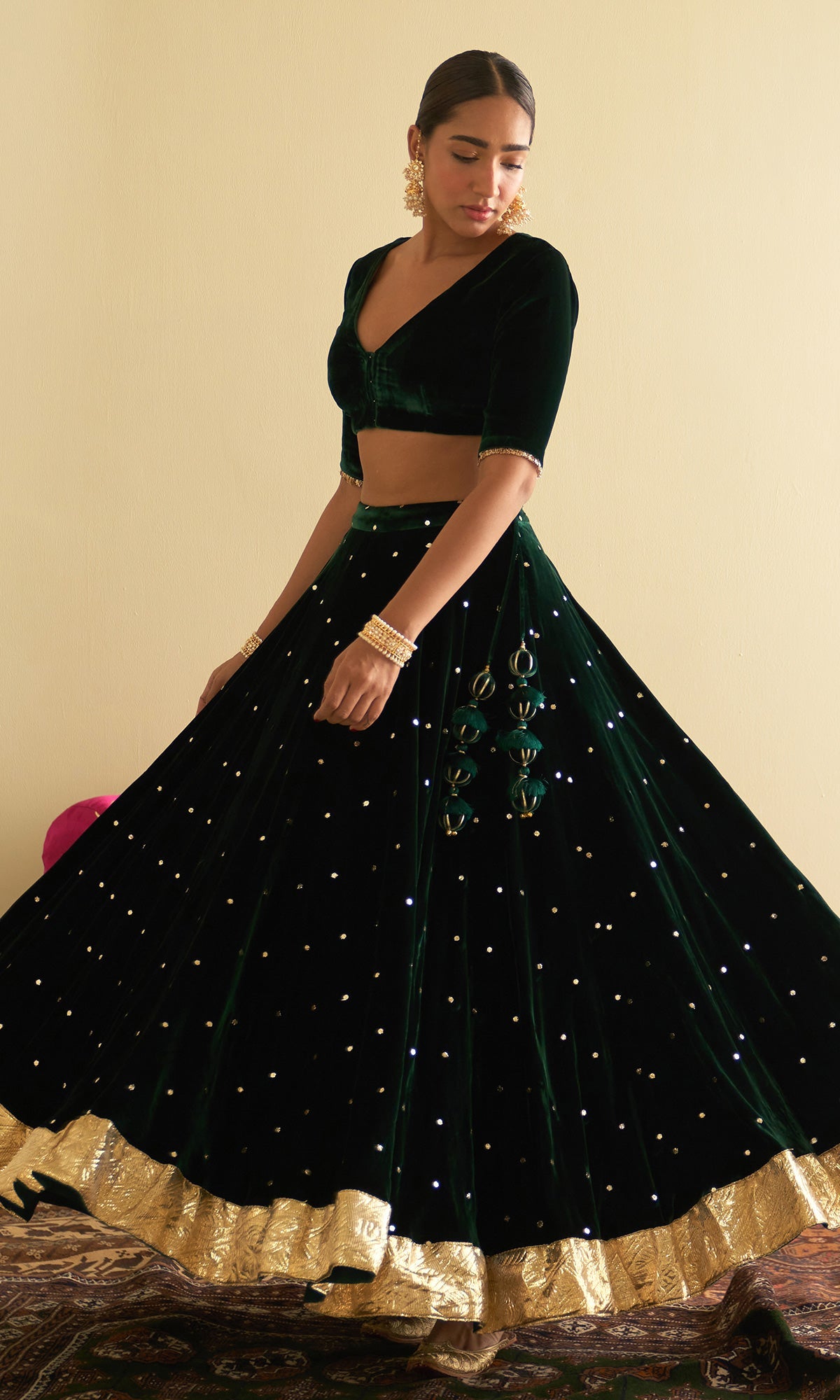 Sufiya Velvet Green Embroidered Mukaish lehenga with velvet blouse and shawl (set of 3)