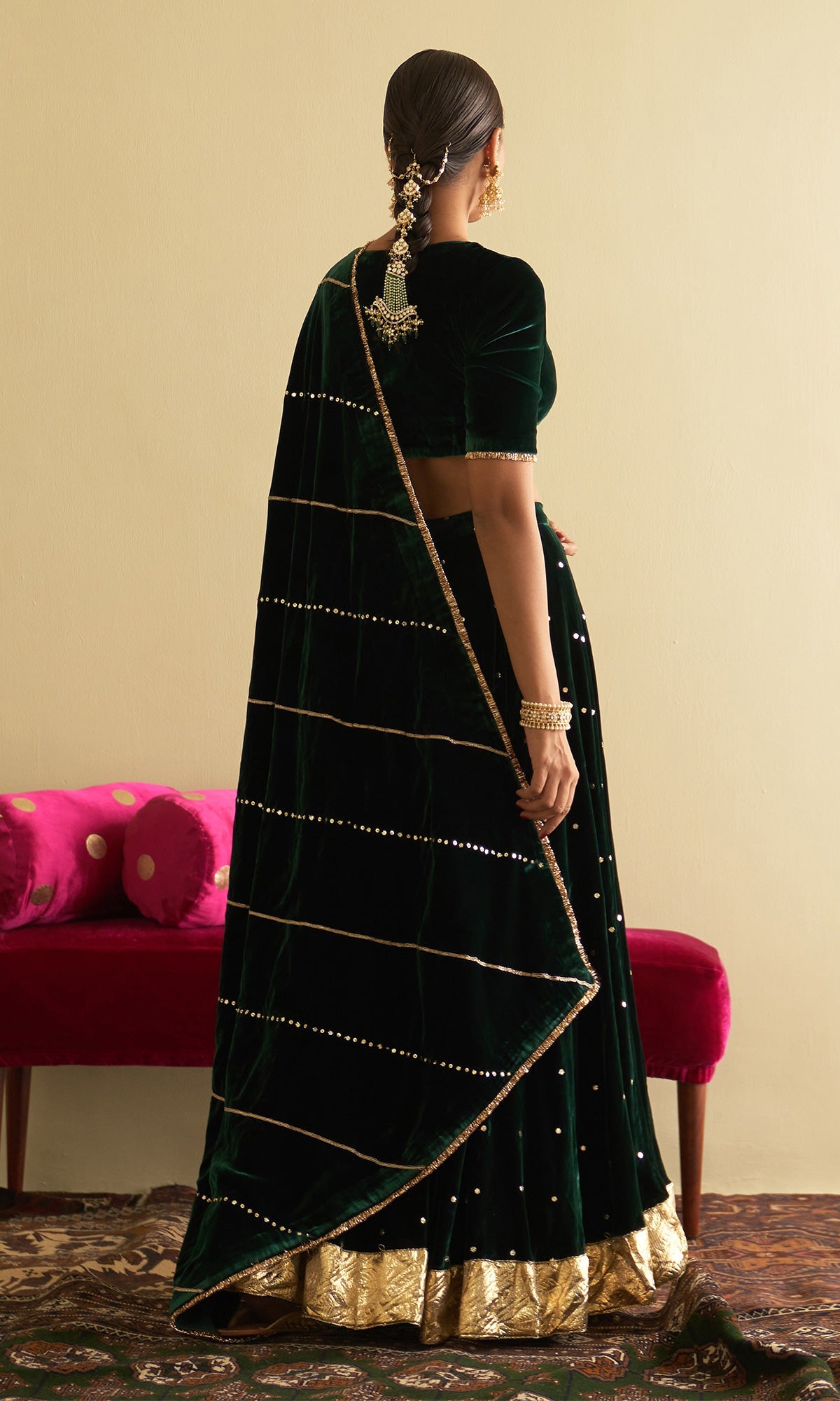 Sufiya Velvet Green Embroidered Mukaish lehenga with velvet blouse and shawl (set of 3)