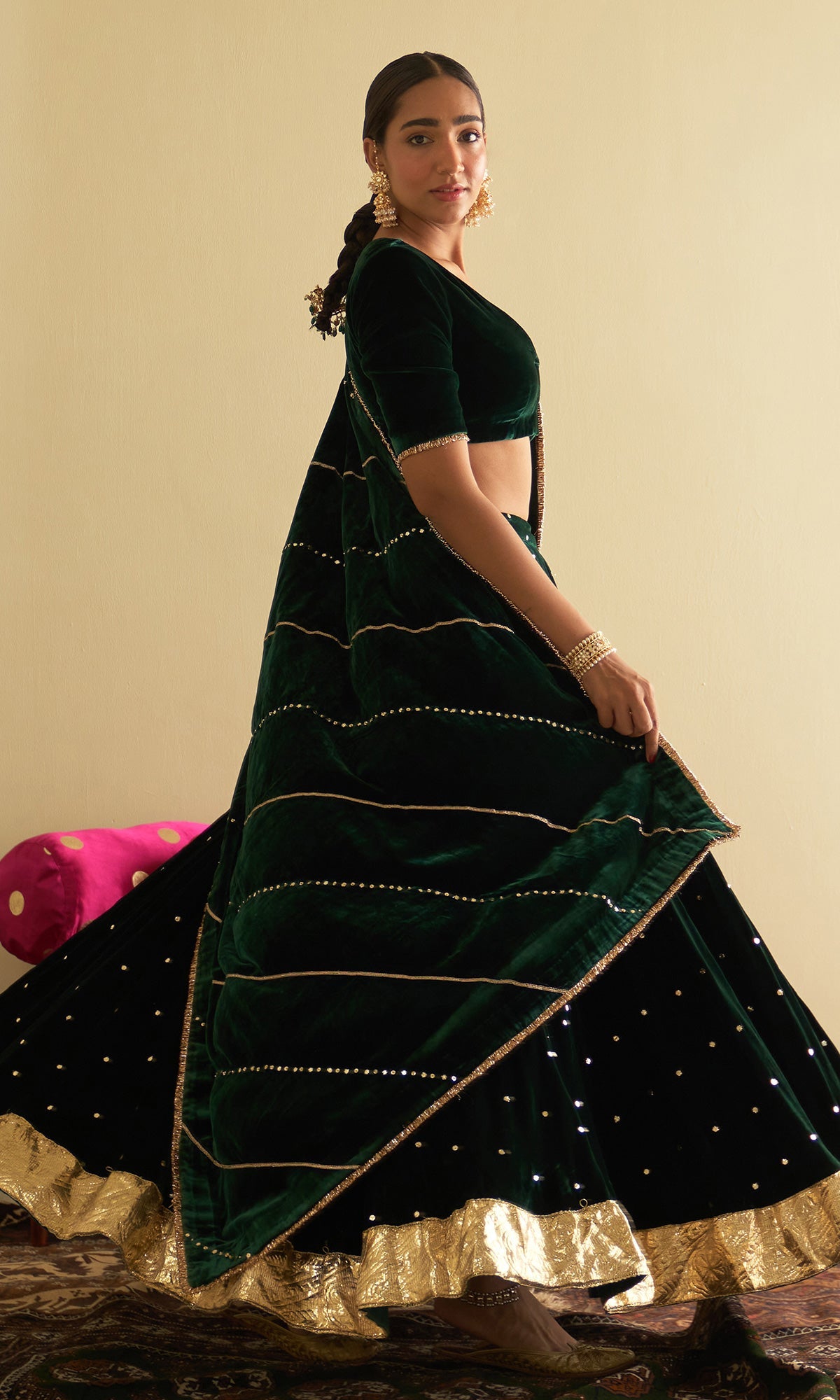 Sufiya Velvet Green Embroidered Mukaish lehenga with velvet blouse and shawl (set of 3)