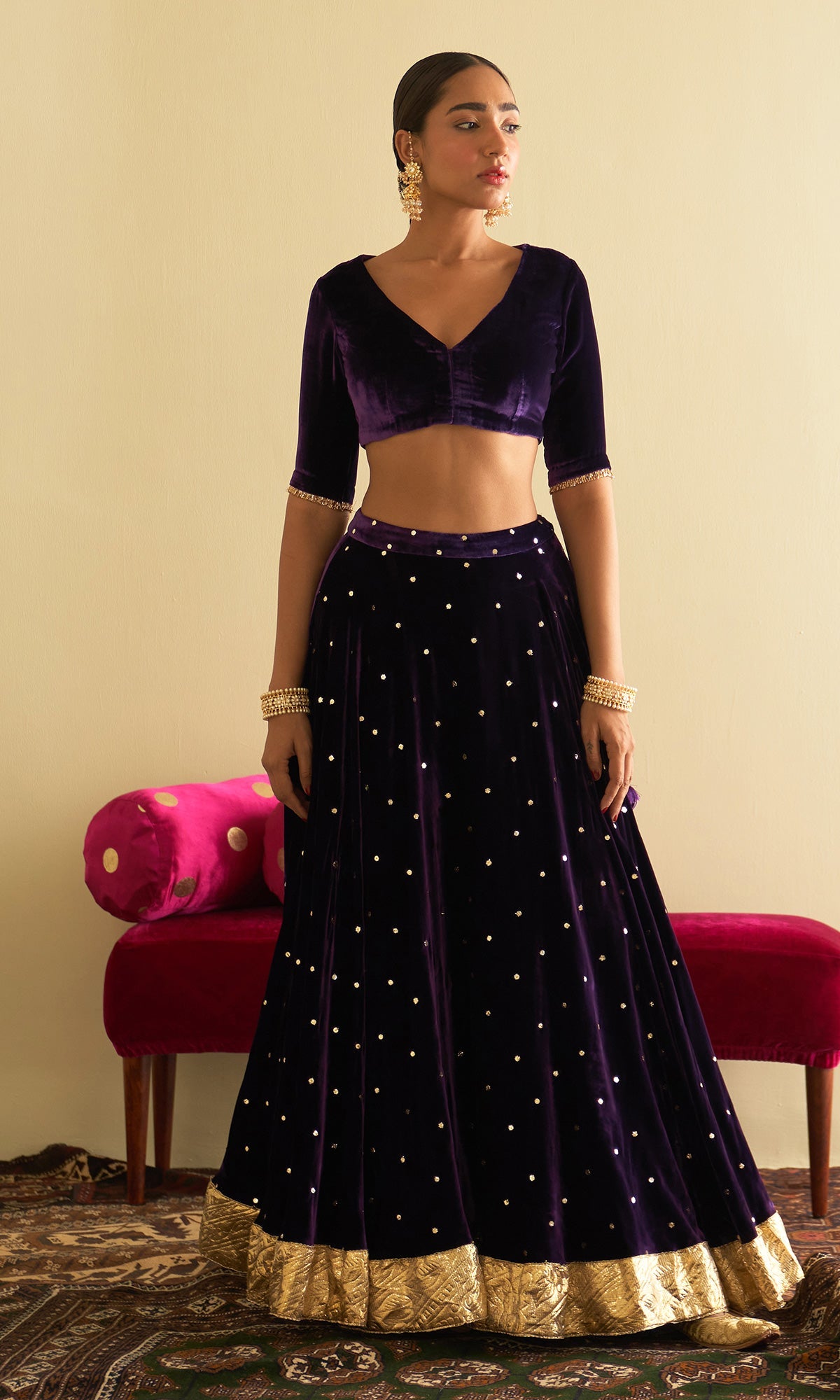 Sufiya Velvet Purple Embroidered Mukaish lehenga with velvet blouse and shawl (set of 3)