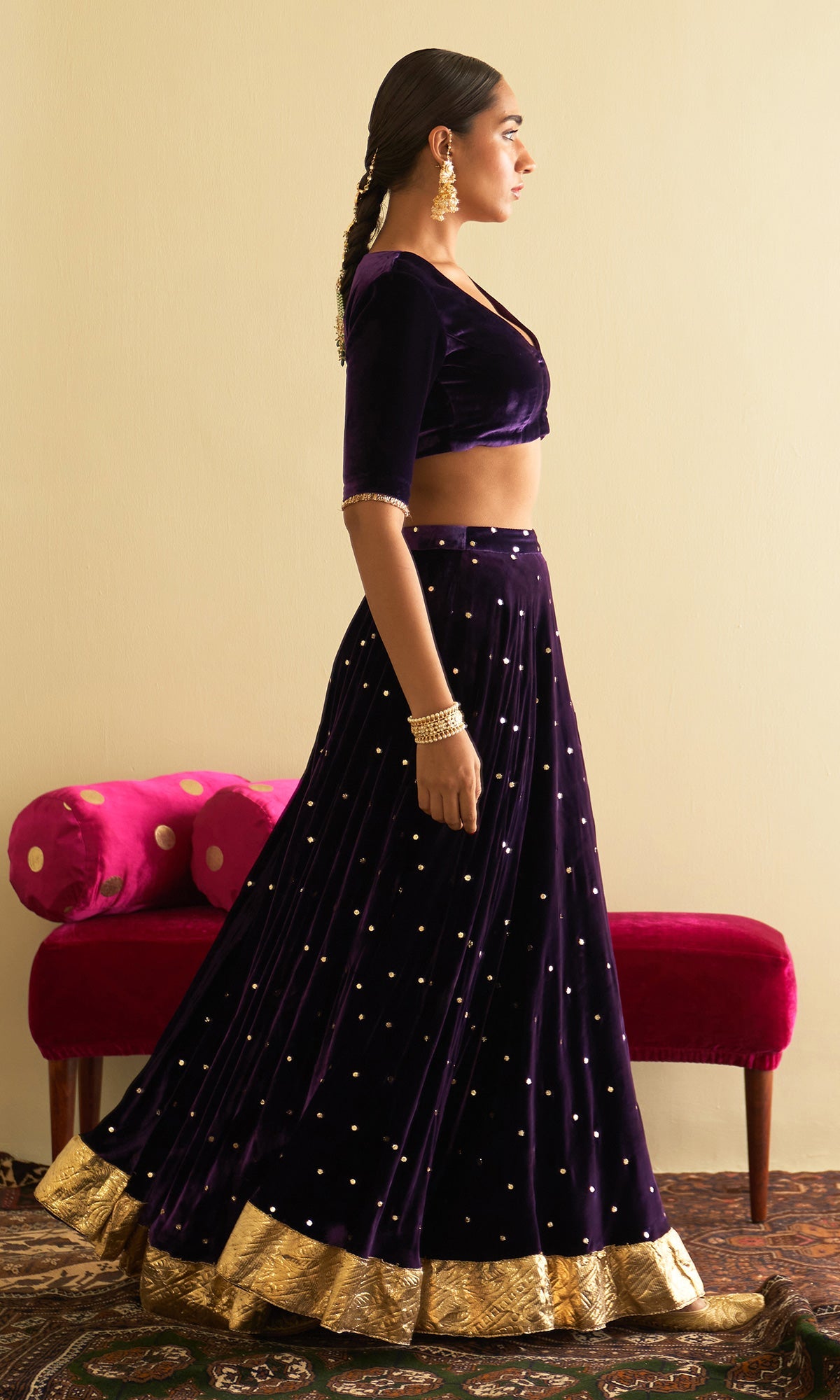 Sufiya Velvet Purple Embroidered Mukaish lehenga with velvet blouse and shawl (set of 3)